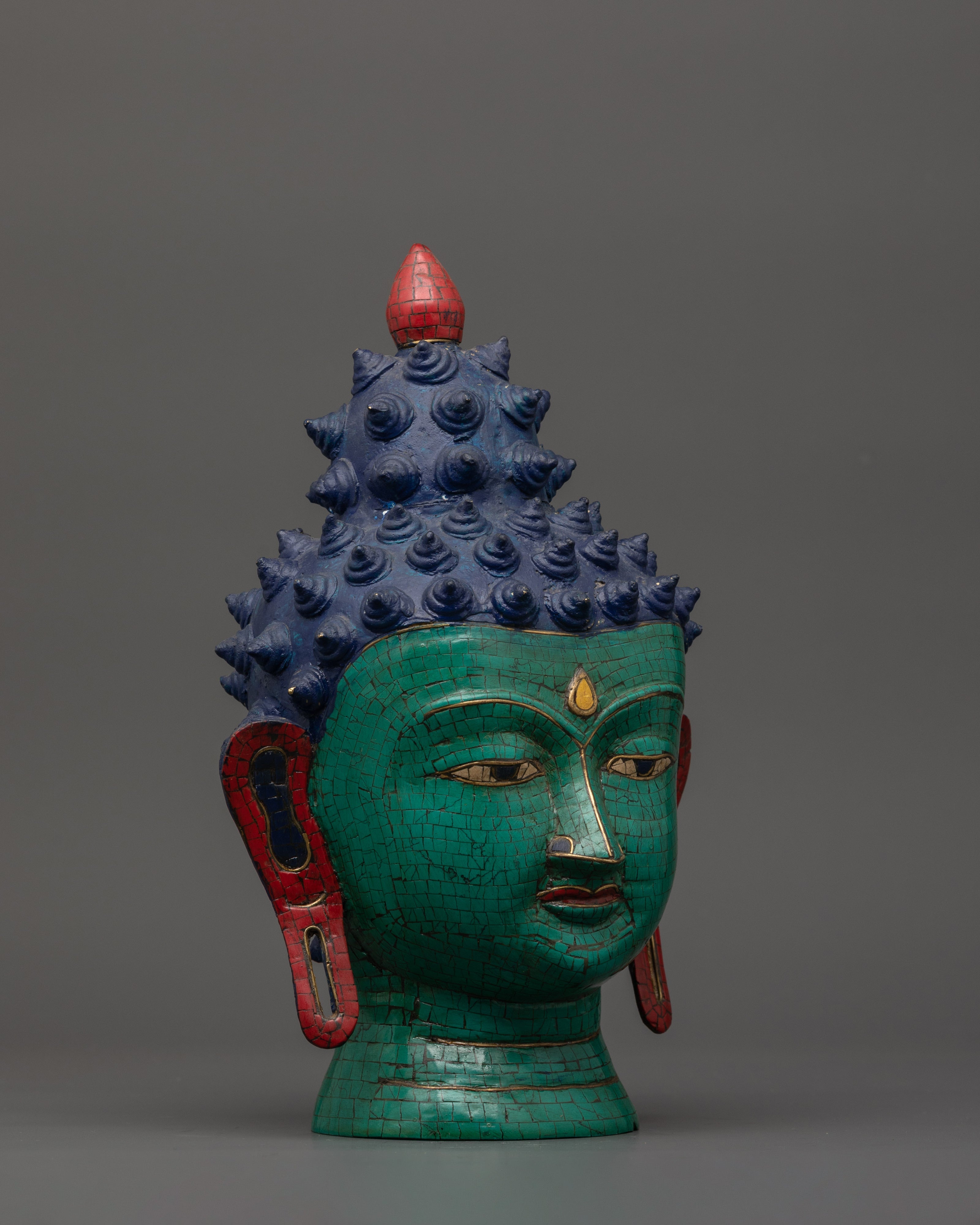 Large Brass Buddha Head Statue | Turquoise & Coral Inlay