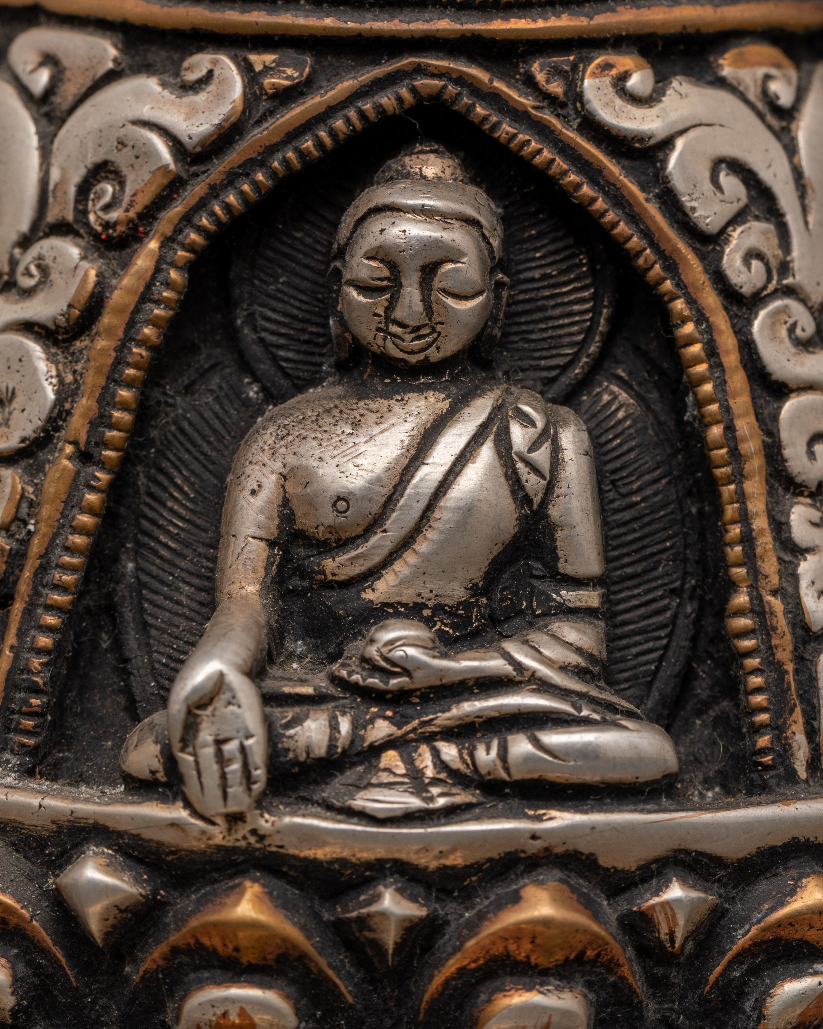 Oxidized Copper Stupa with Silver Plating 4 Buddha Engraved | Spiritual Home Decor