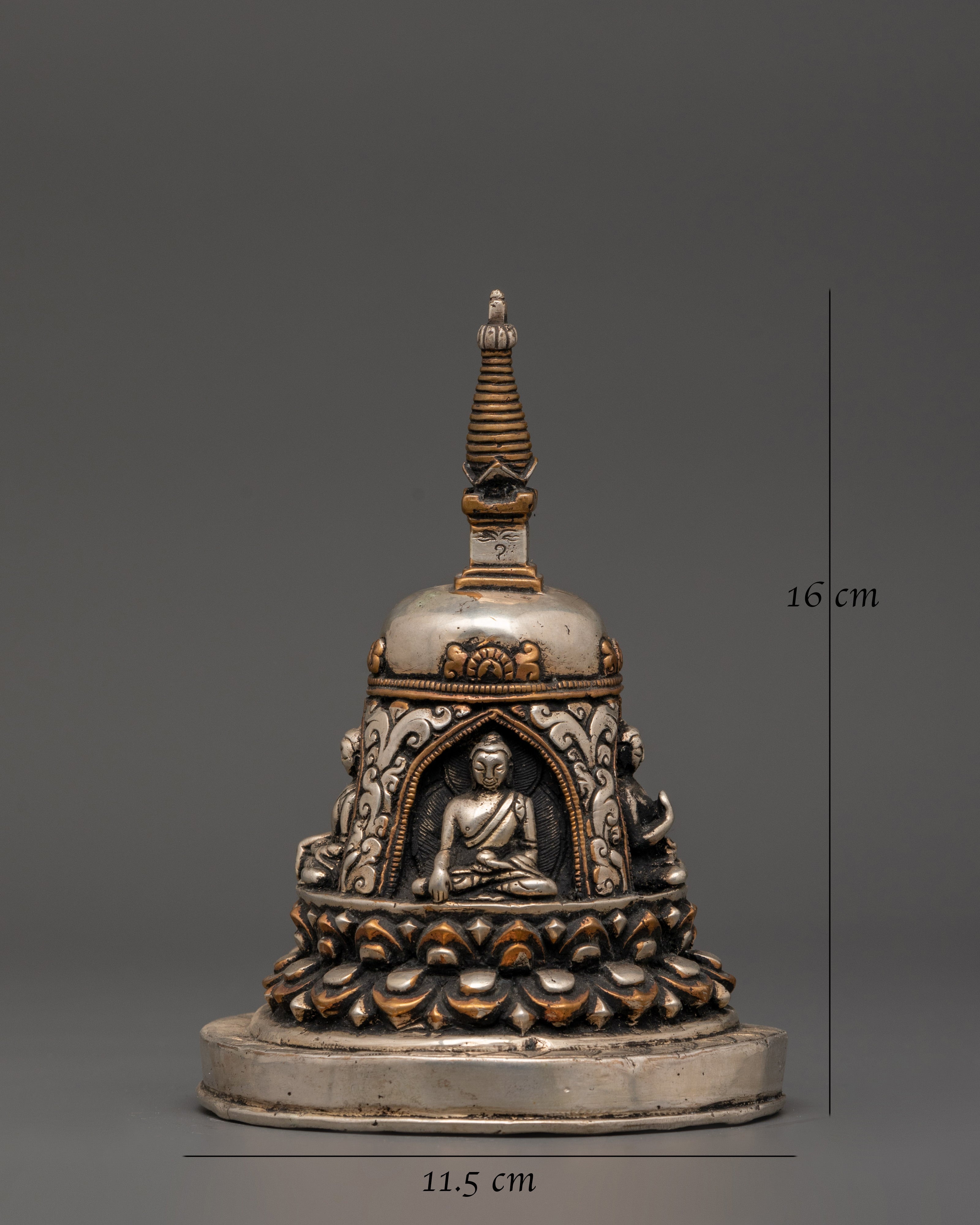 Oxidized Copper Stupa with Silver Plating 4 Buddha Engraved | Spiritual Home Decor