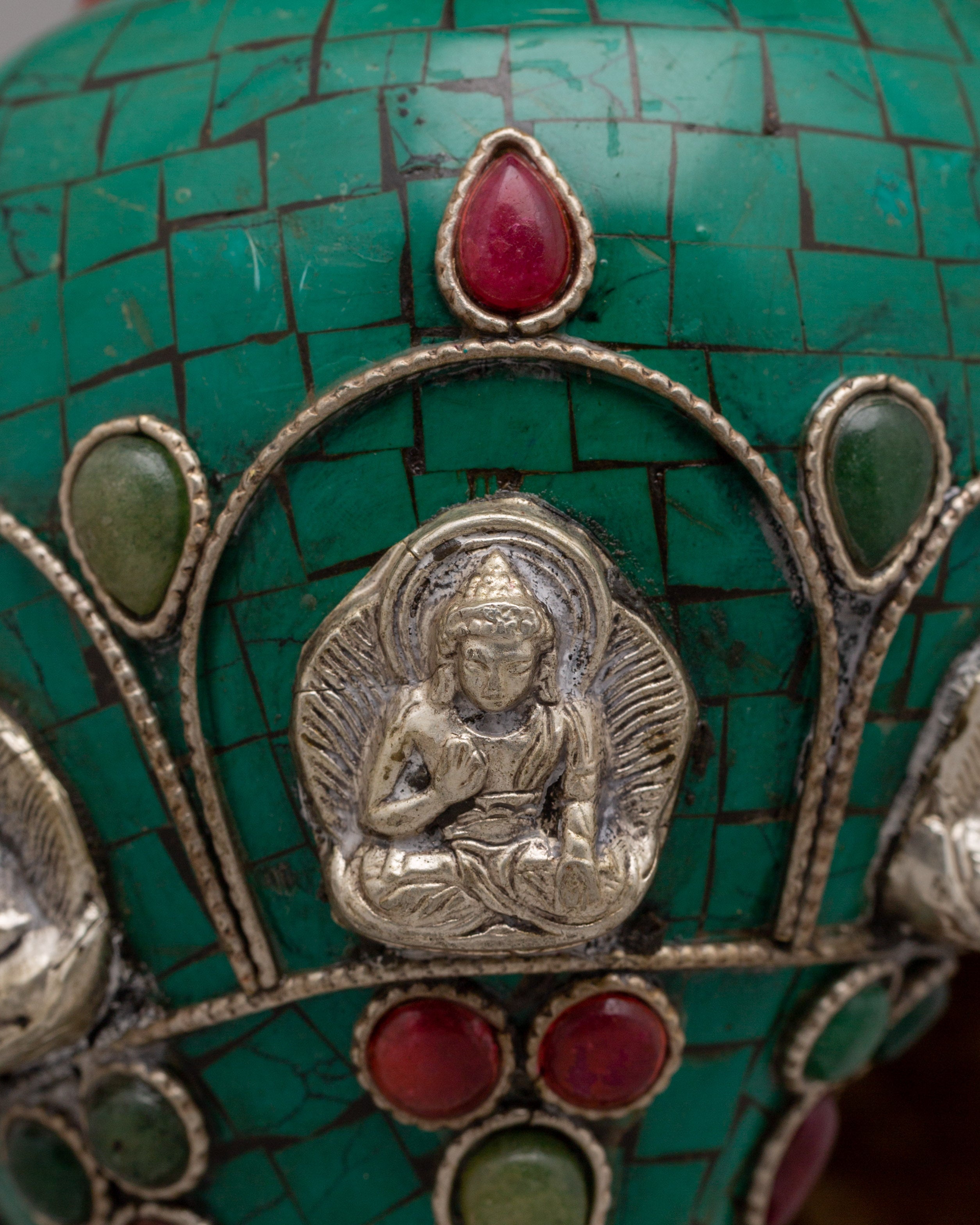 Tibetan Sacred Sankha | Handmade Copper Ritual Conch with Decorative Stones