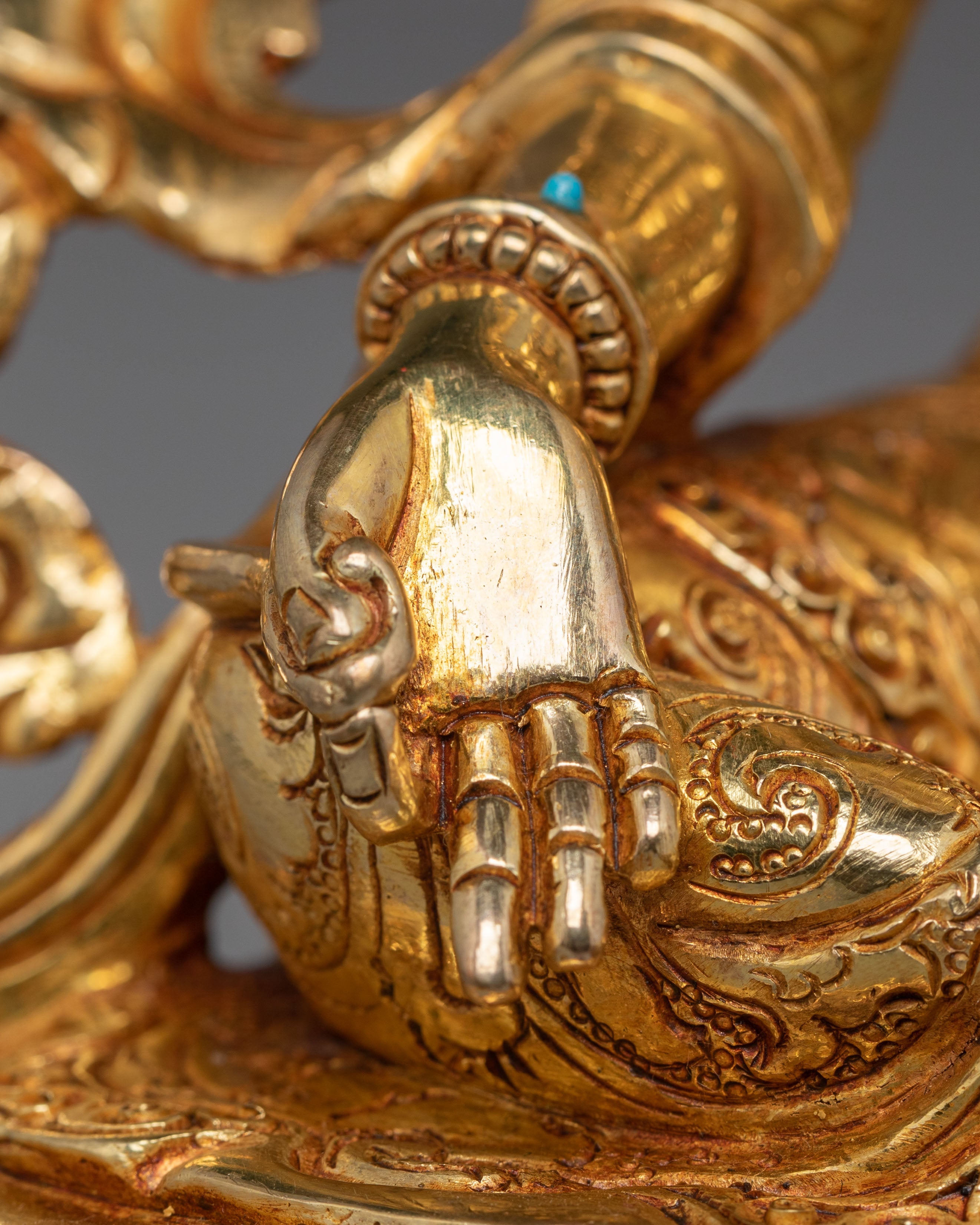 Mother Shyama Tara Sacred Statue | Gold Plated Copper Sculpture with Coral & Turquoise