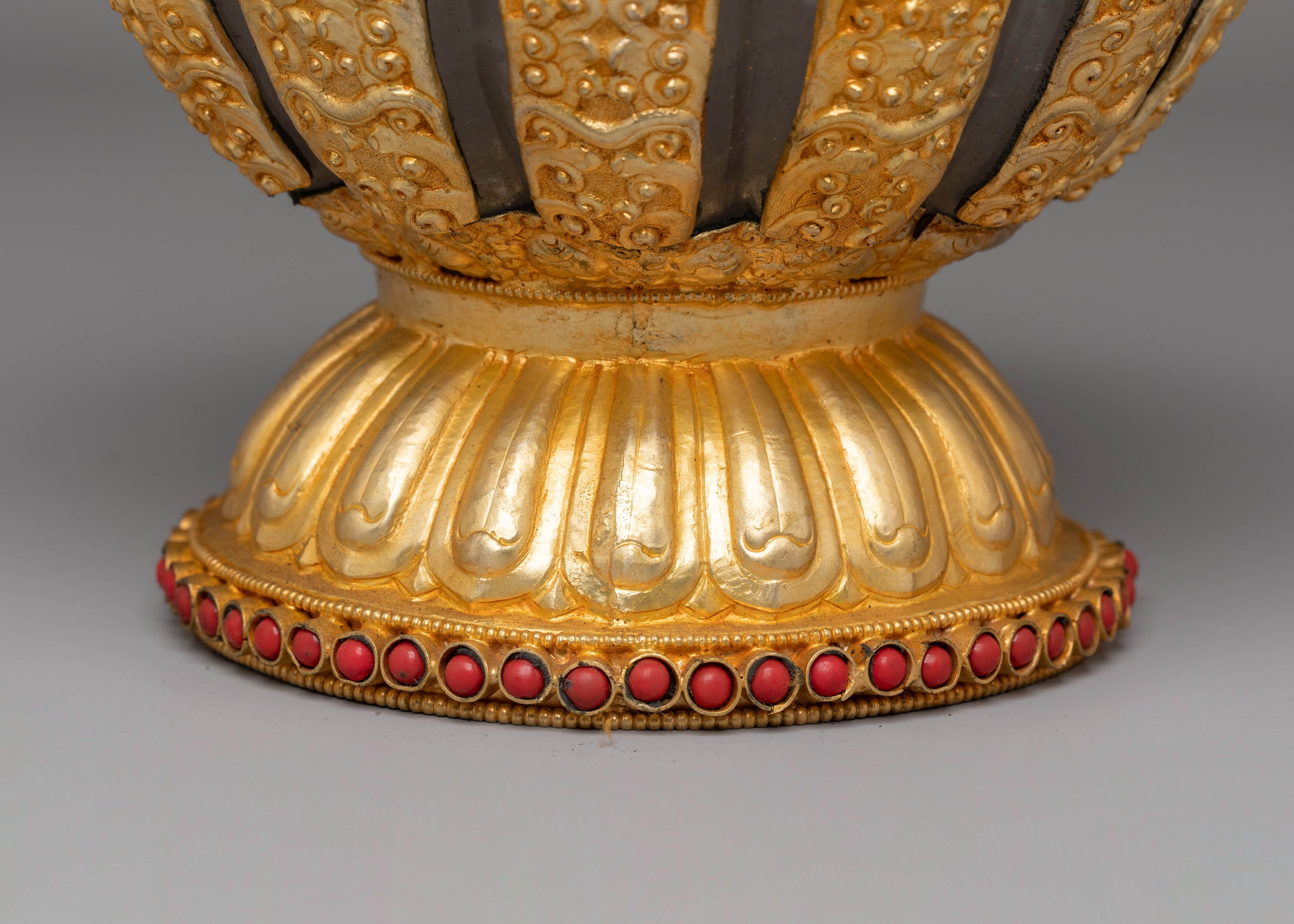 Spiritual Buddhist Dhupur Rice Pot | Gold-Plated Copper with Coral & Turquoise