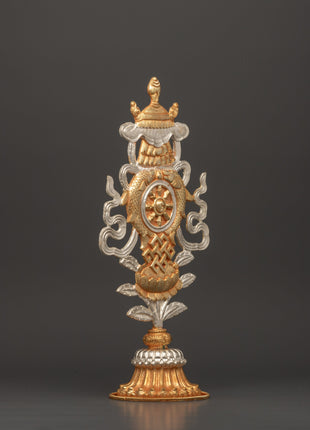 Buddhist Auspicious Symbol Altar Decor | Electro Gold & Silver Plated Tibetan Art