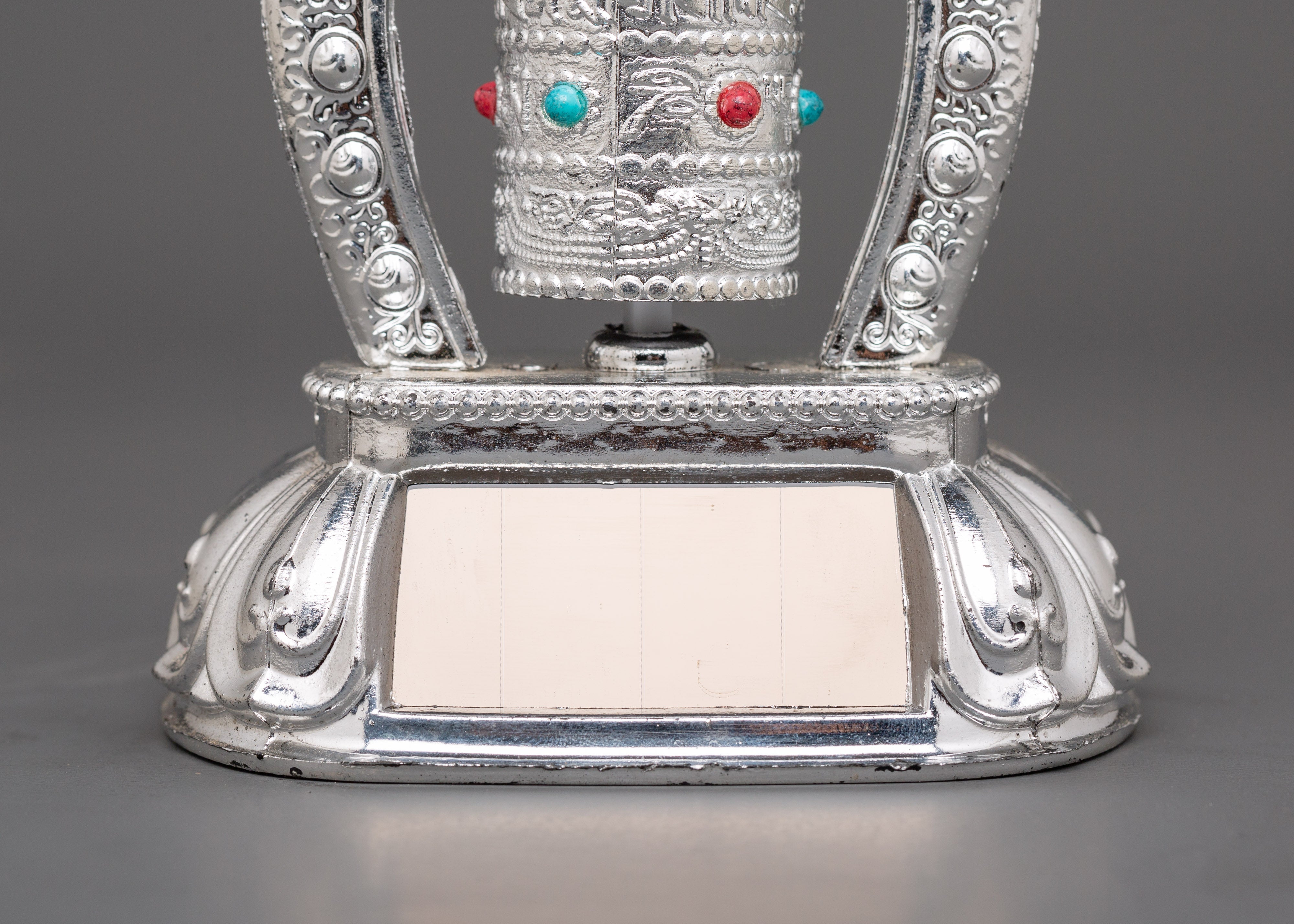 Tibetan Prayer Wheel with Turquoise & Coral Inlay | Buddhist Spiritual Decor