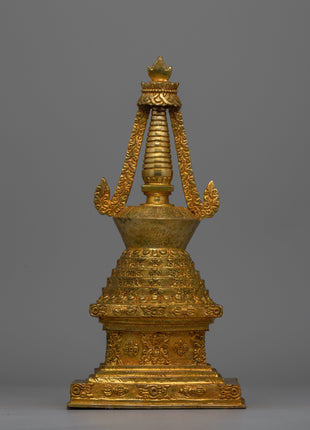 Exquisite Tibetan Stupa with Gold-Plated Buddha Figurine | Religious Tibetan Art