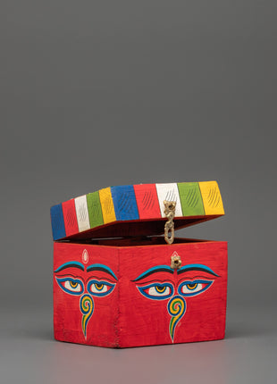 Wooden Box with Buddha Eyes | Tibetan Prayer Flag Colors