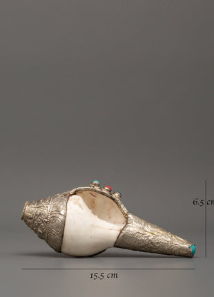 Conch Symbol of Sound and Spirituality | Silver Plated with Turquoise & Coral Inlays