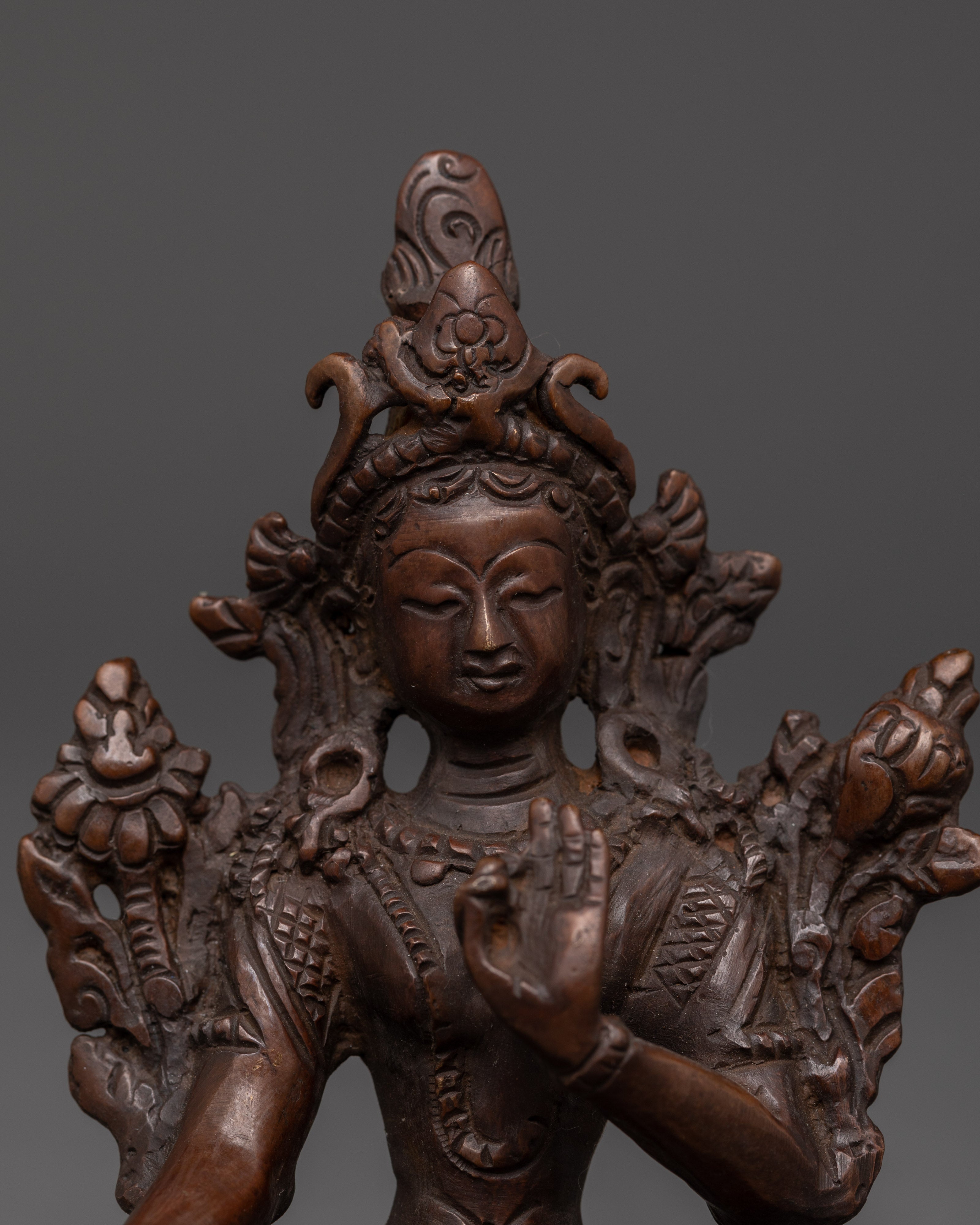 White Tara Longevity Deity Statue | Oxidized Copper Tibetan Deity Figurine