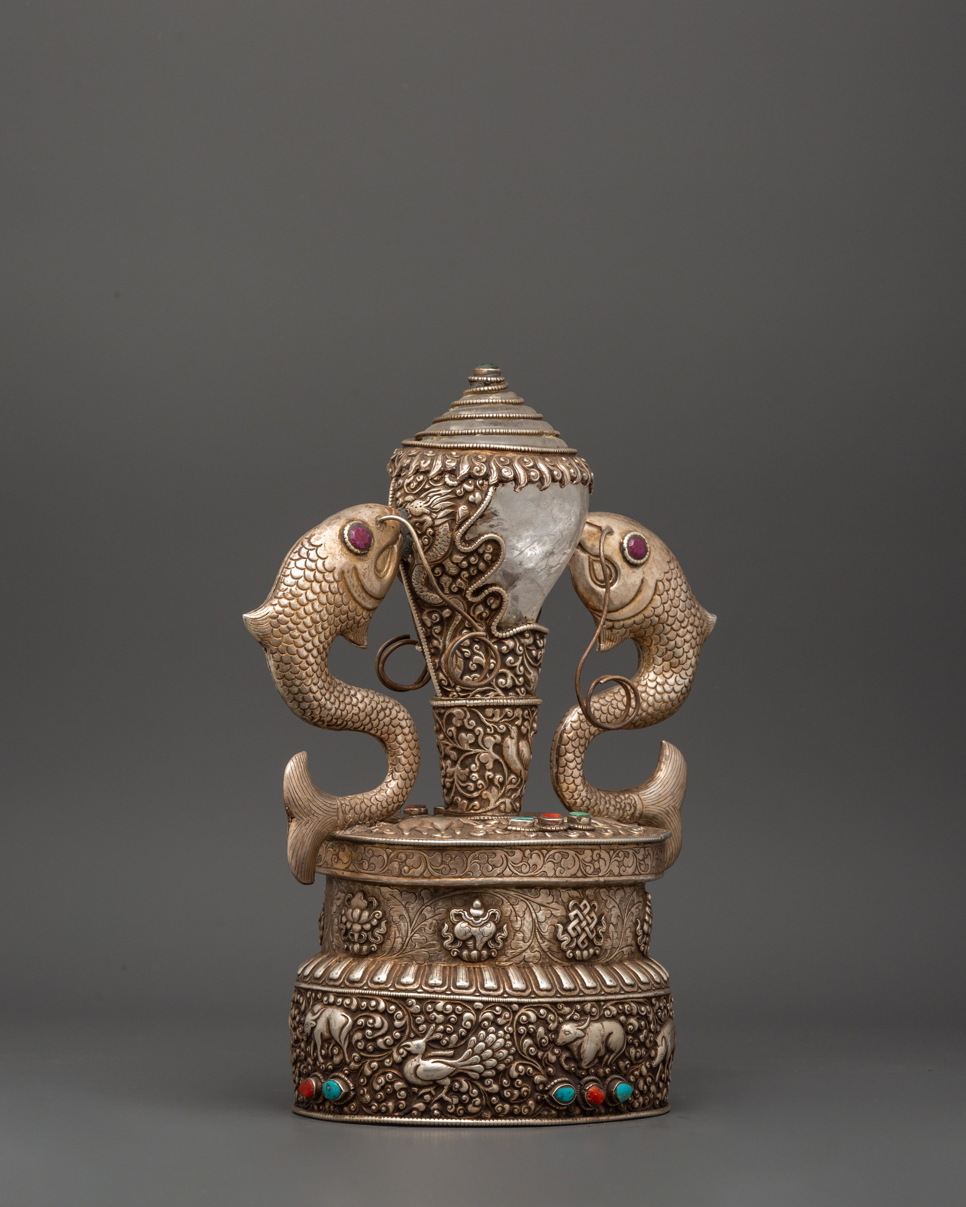Conch with Auspicious Symbols | Handcrafted Silver & Crystal Tibetan Ritual Item