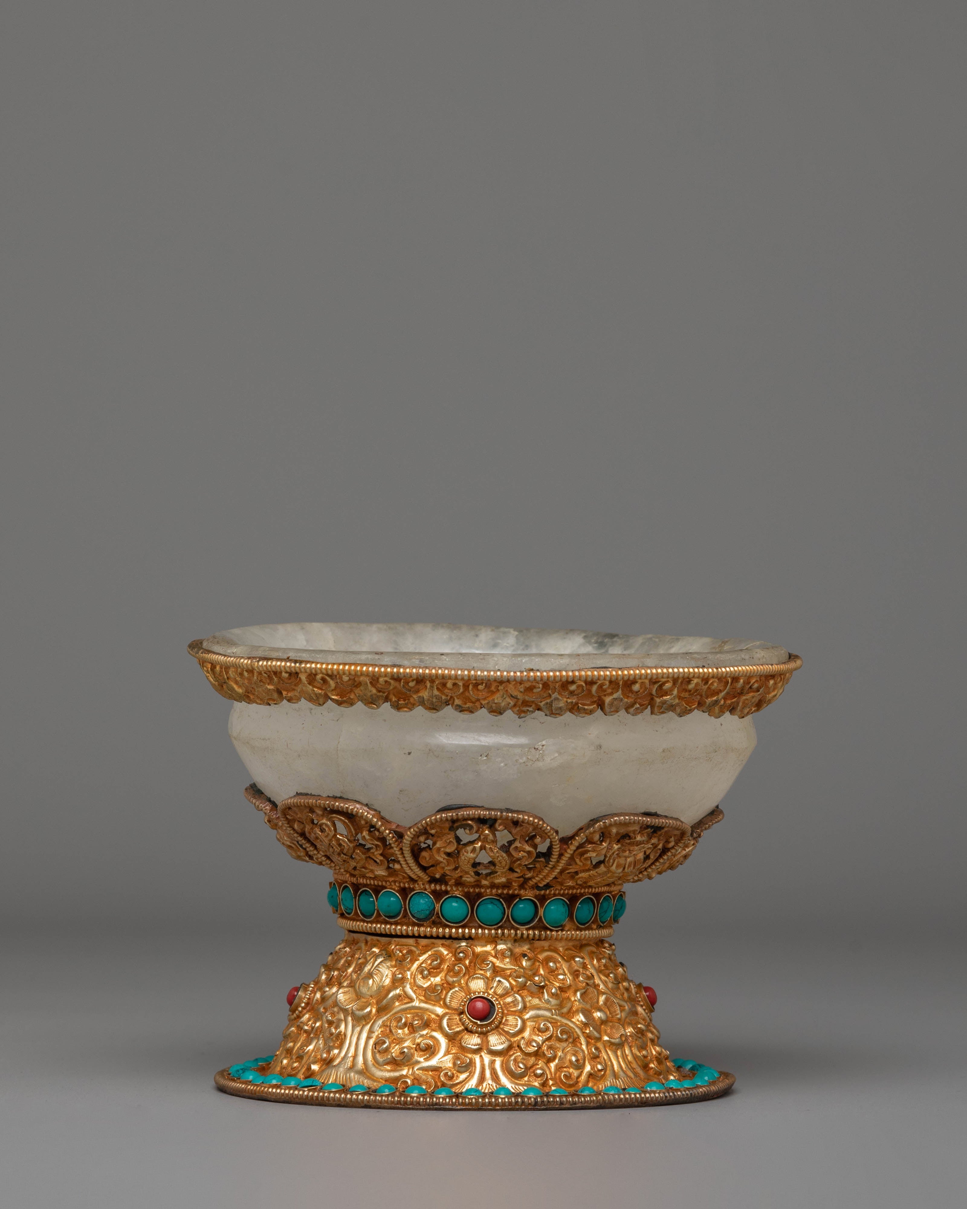 Spiritual Buddhist Rice Pot | Electro Gold-Plated Copper with Coral & Turquoise