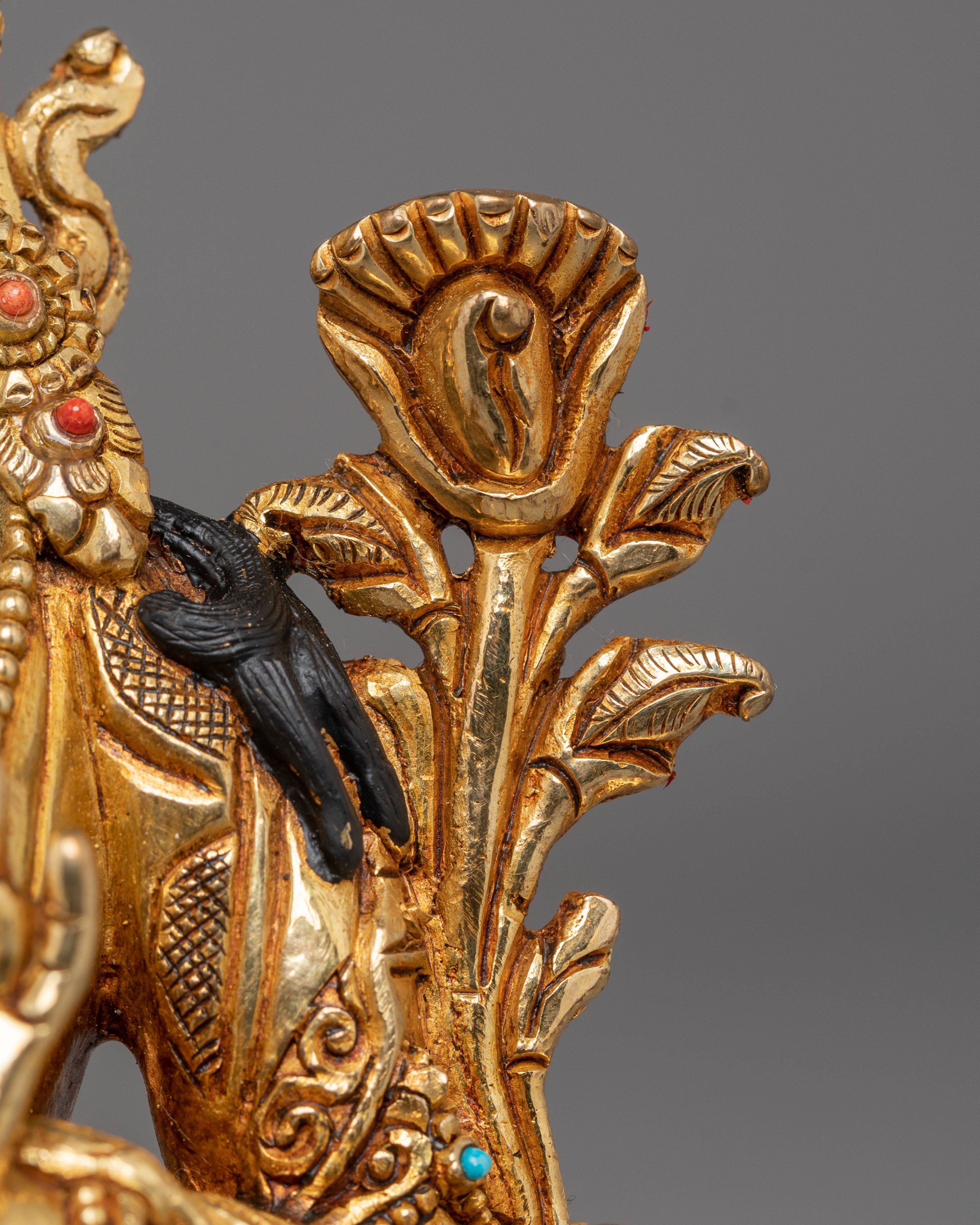 Mother Shyama Tara Sacred Statue | Gold Plated Copper Sculpture with Coral & Turquoise