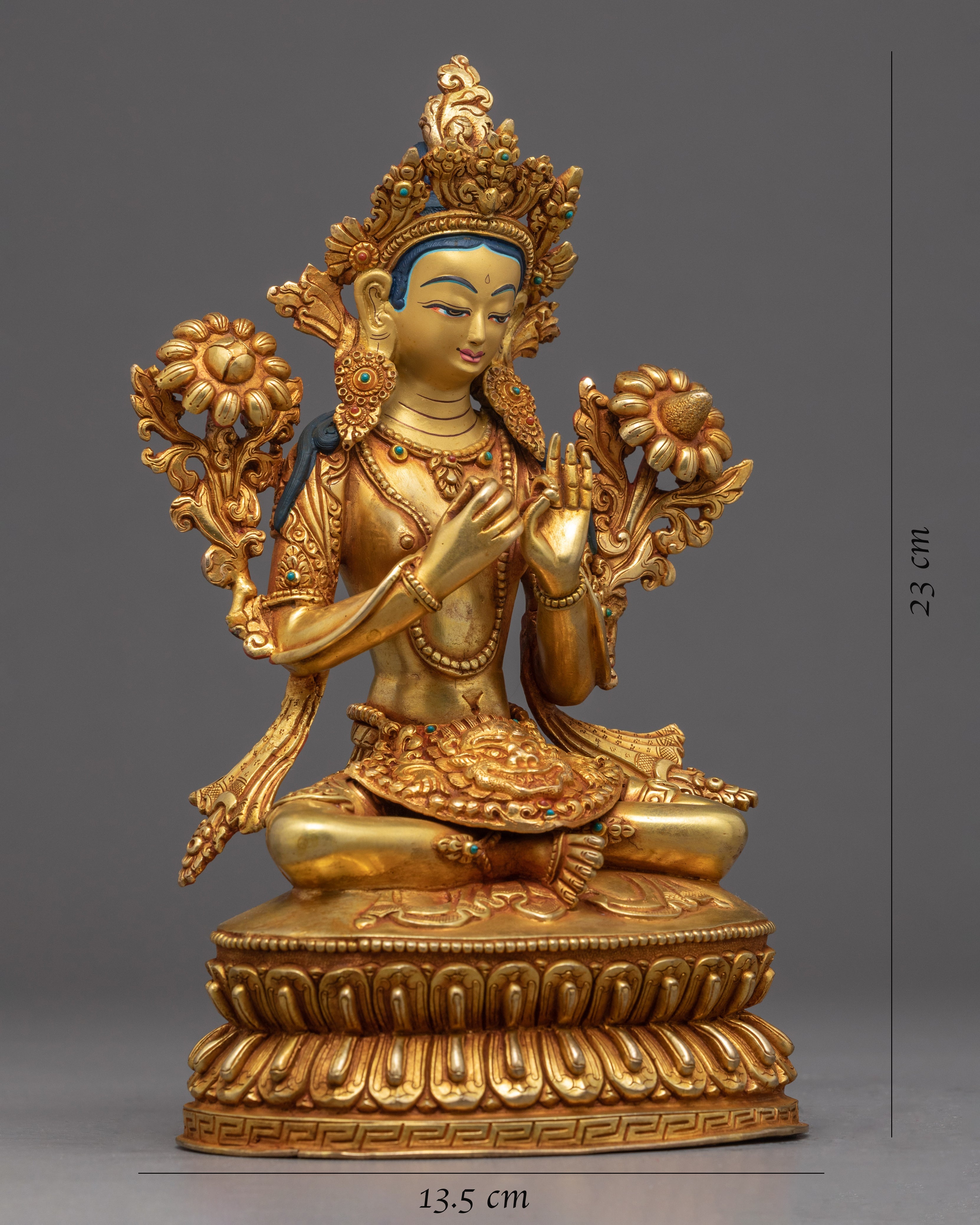Green Tara Gold Sculpture | Tibetan Handmade Compassionate Deity of Buddhism