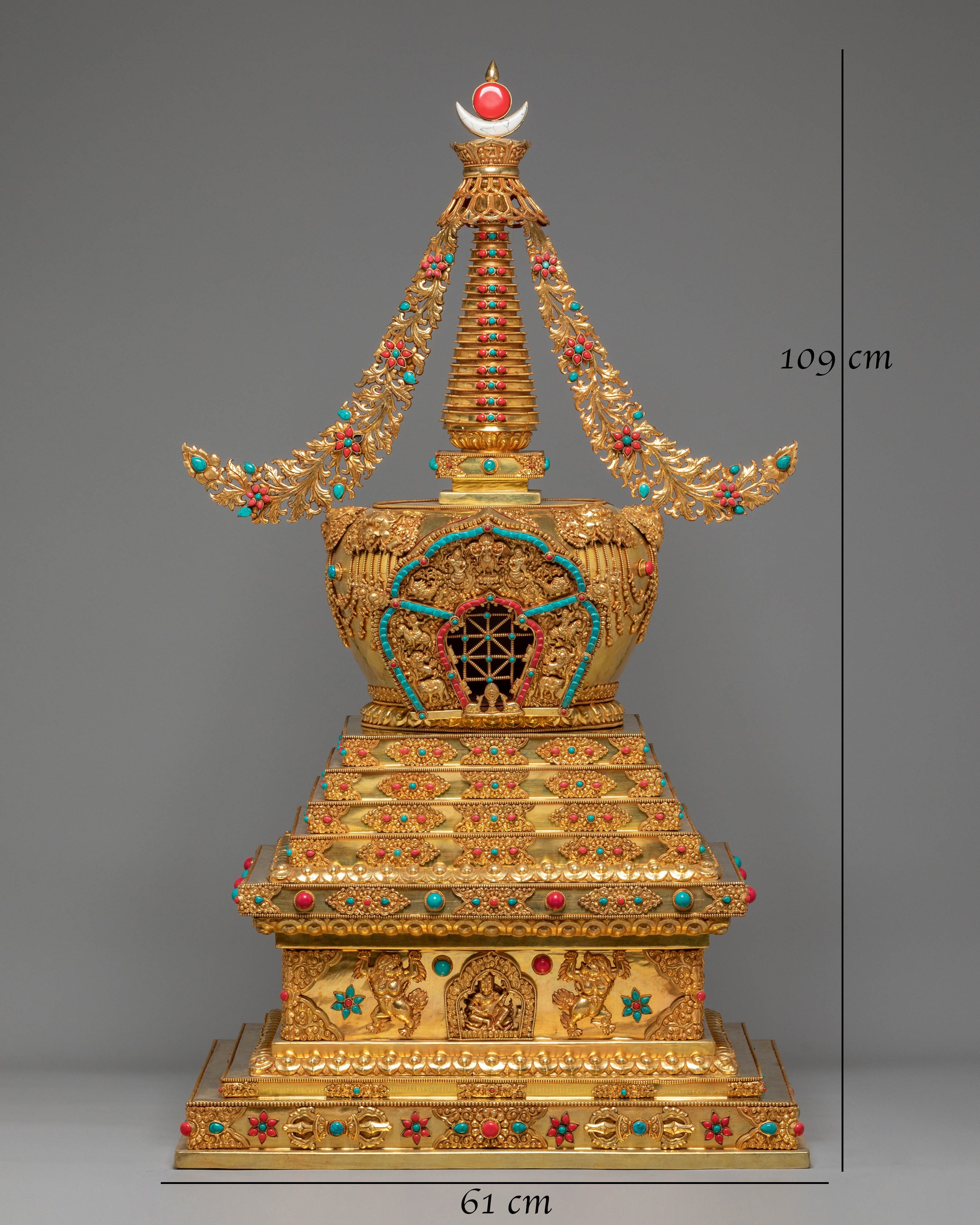 Gold Plated Tibetan Sacred Stupa | Exquisite Buddhist Stupa Sculpture