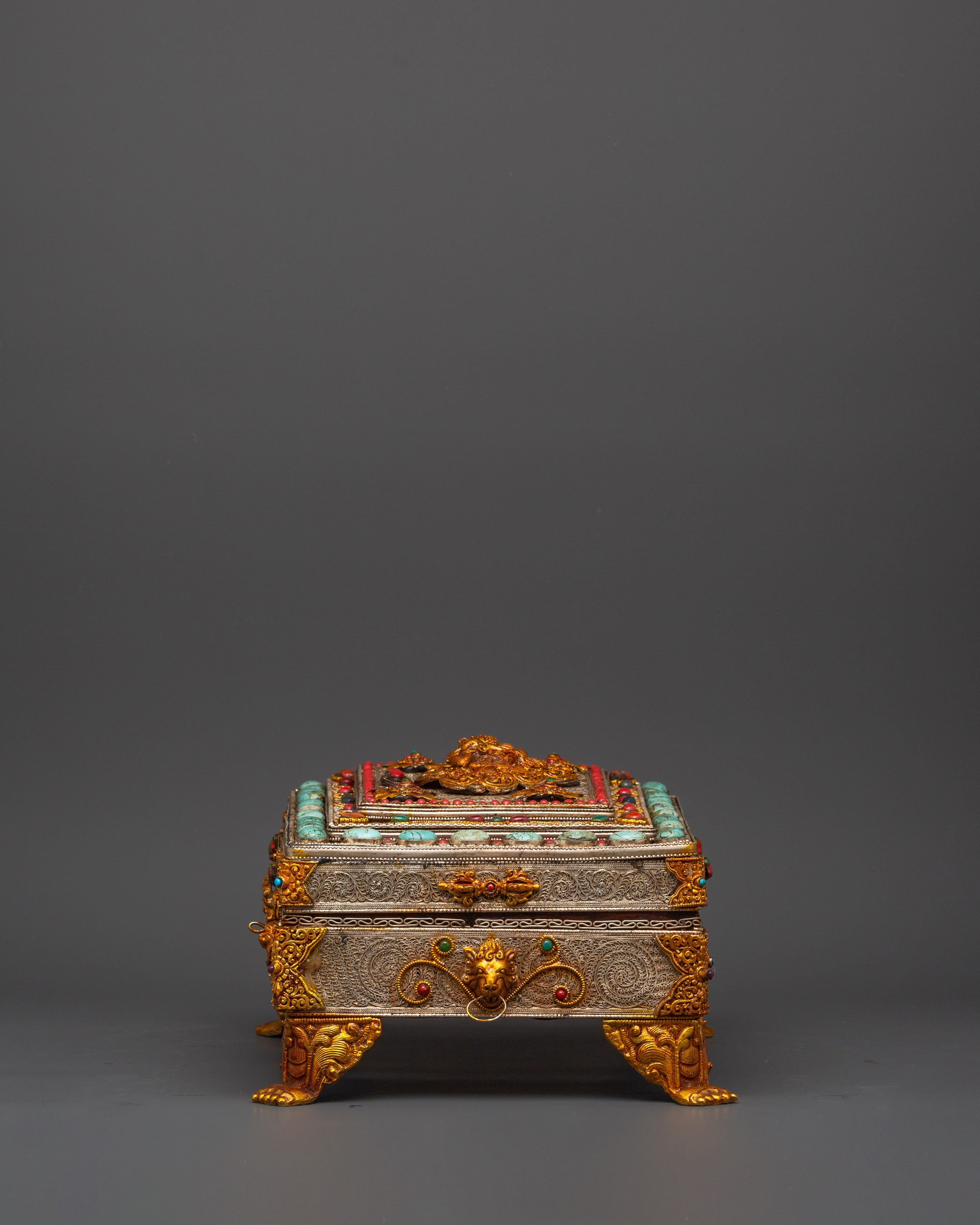 Buddhist Ritual Treasure Box | Silver & Gold Plated Sacred Altar Box
