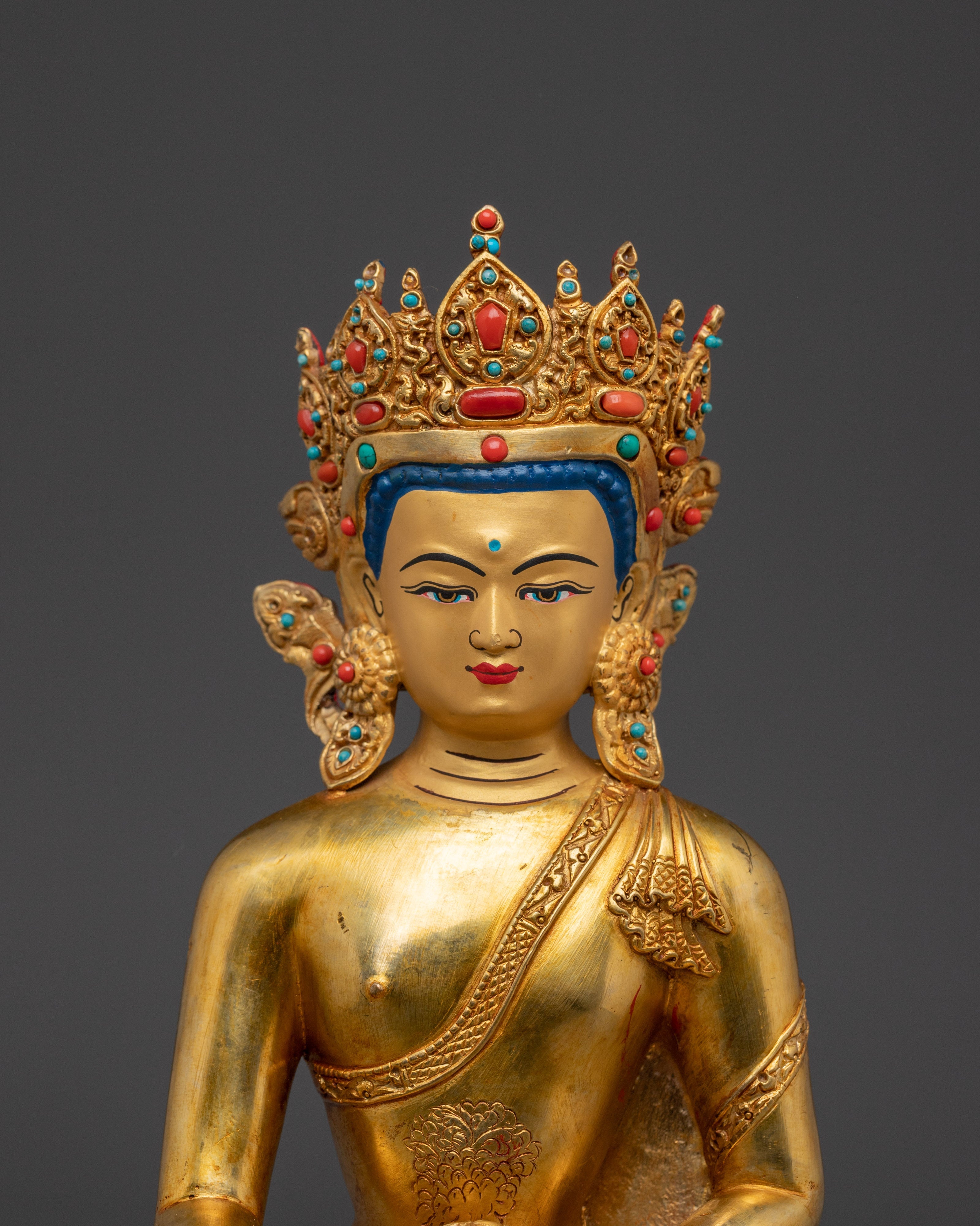 Gold Gilded Crown Shakyamuni Buddha Statue | Divine Copper Artwork with Gemstones