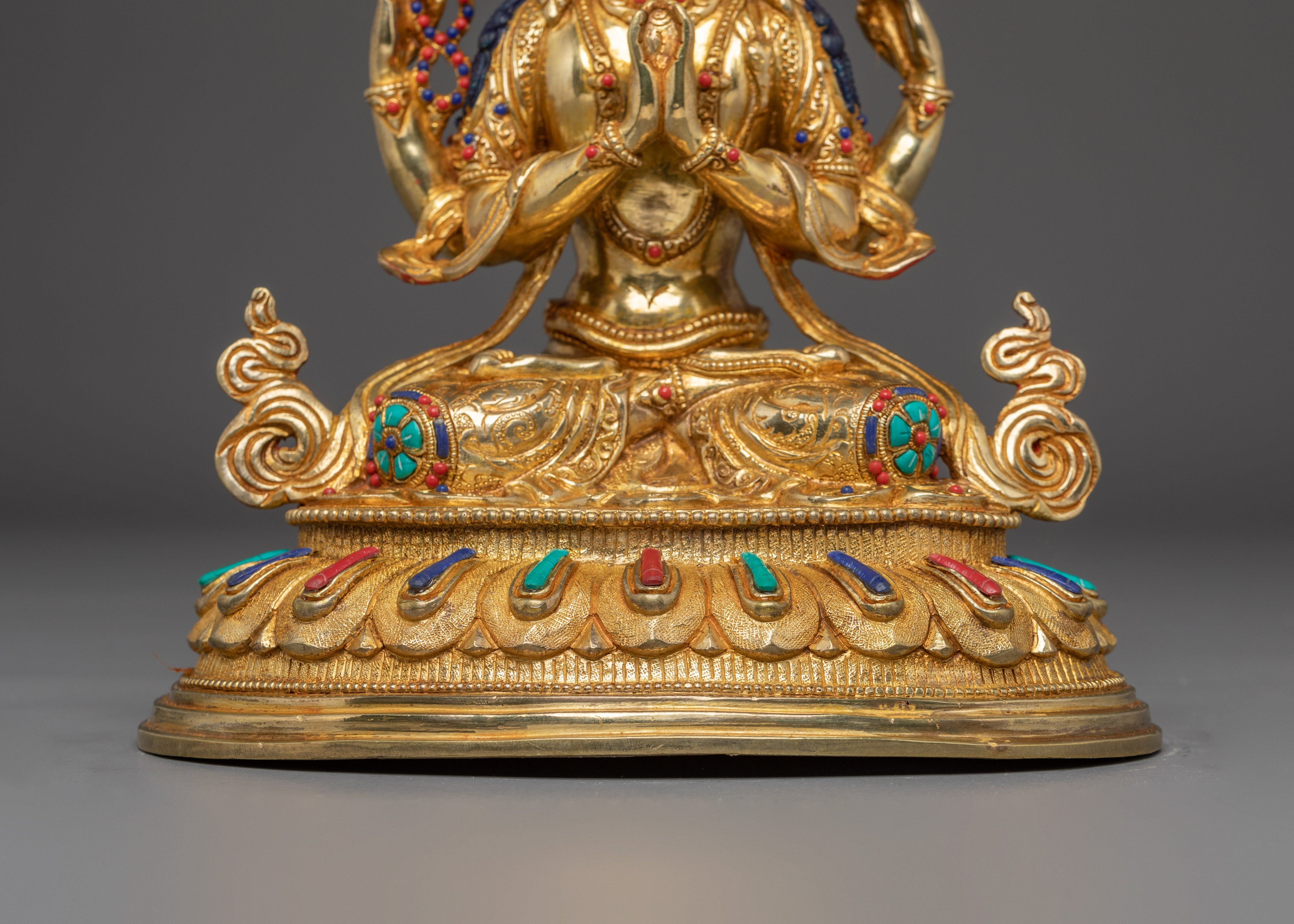 Gold Plated Buddhist Chenrezig Sculpture | Copper Sculpture with Coral & Turquoise