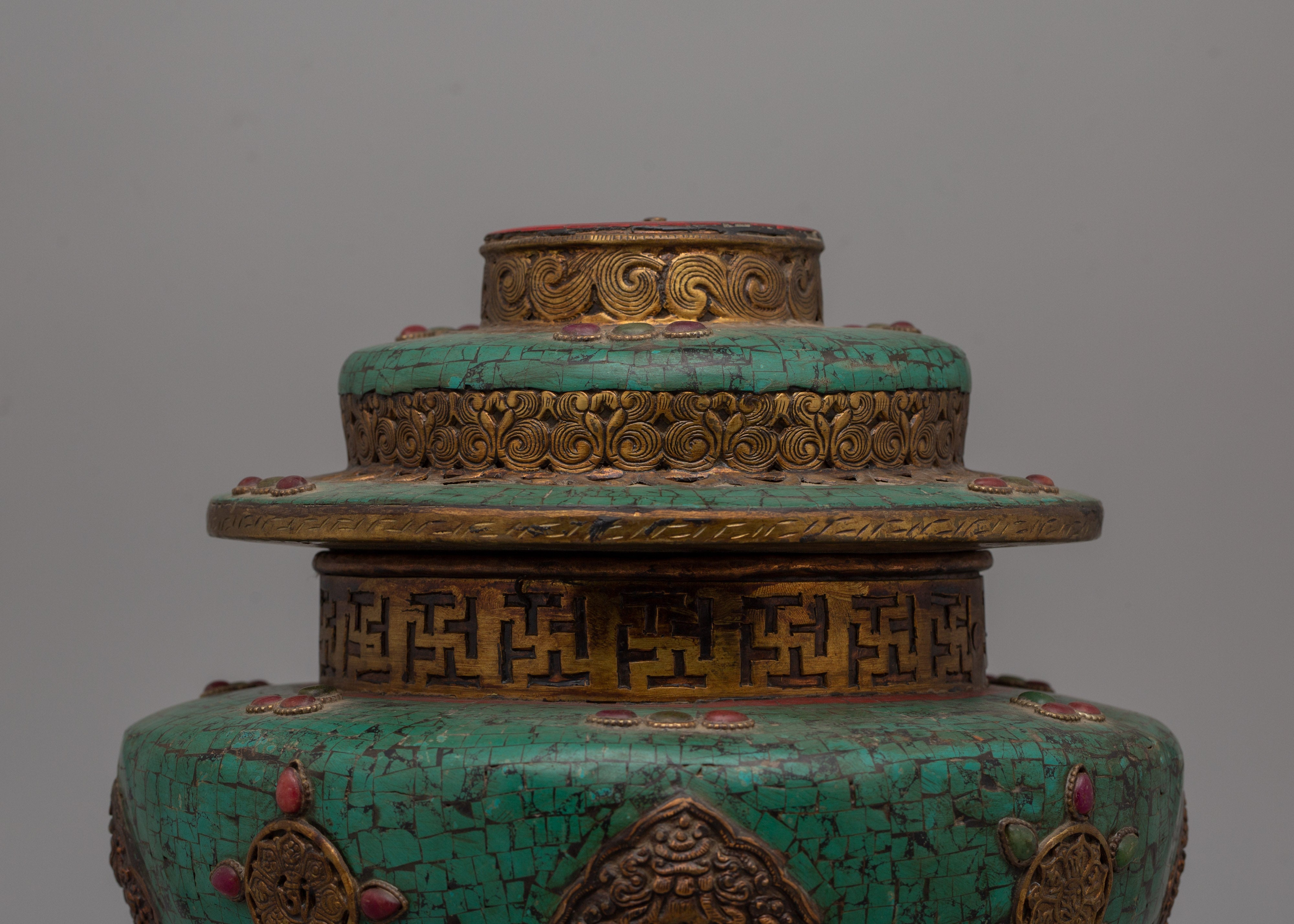 Handmade Tibetan Rice Pot | Dhupur Ritual Artifact with Turquoise Stone Details