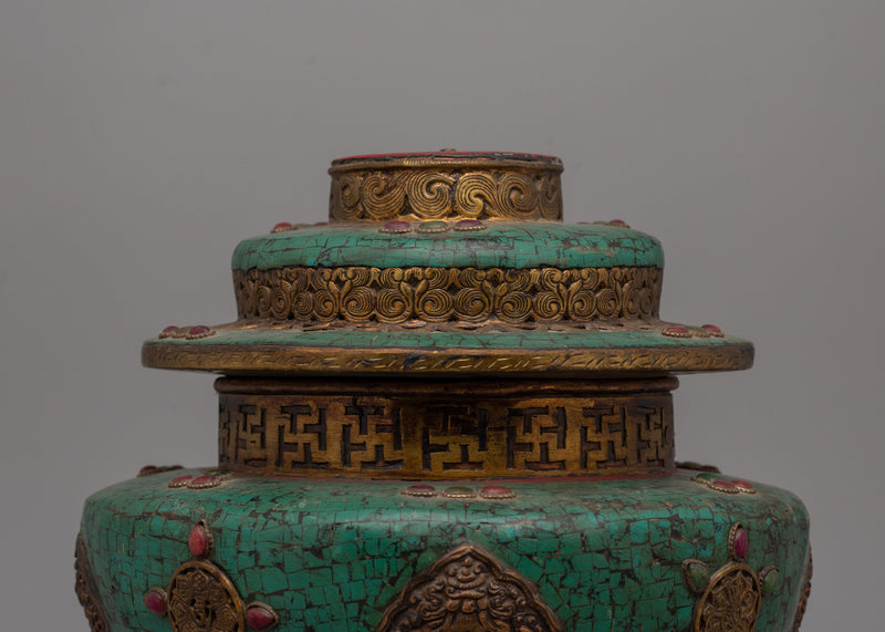 Handmade Tibetan Rice Pot | Dhupur Ritual Artifact with Turquoise Stone Details