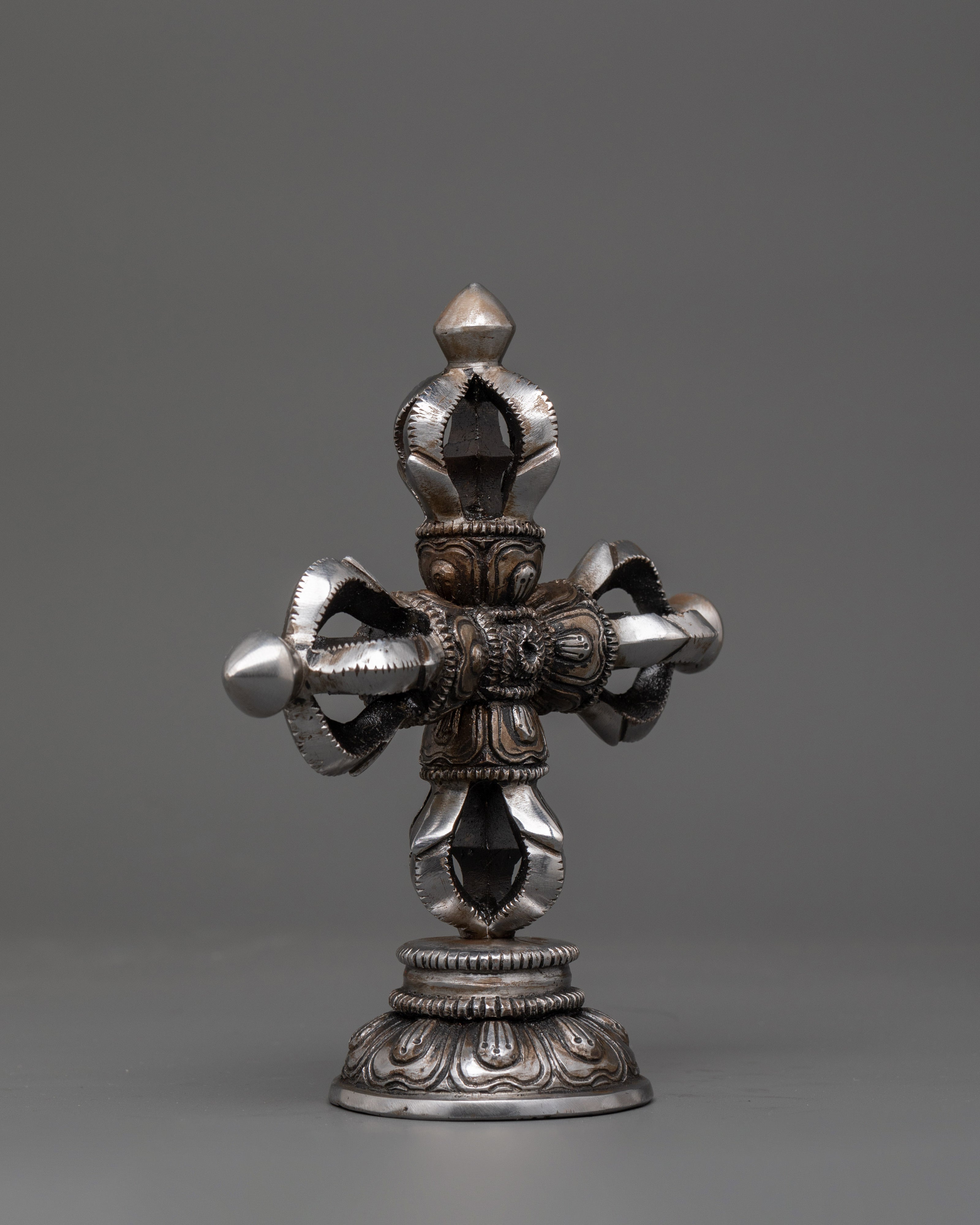Iron Bishwo Vajra with a Stand Base | Tibetan Double Dorje Sacred Ritual Item