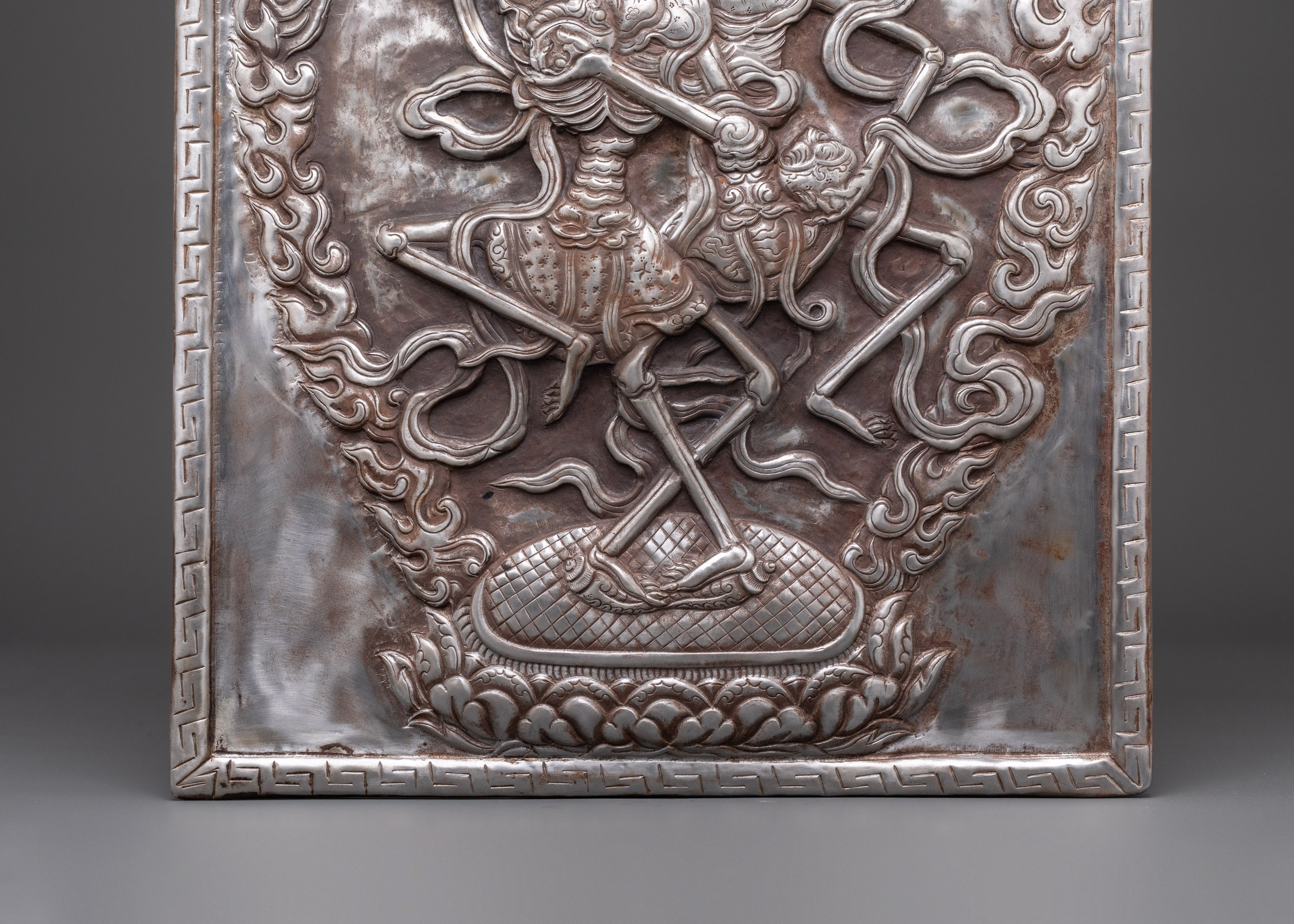 Handcrafted Tibetan Citipati Wall Hanging | Iron Skeleton Deity Plaque with Fire Aura