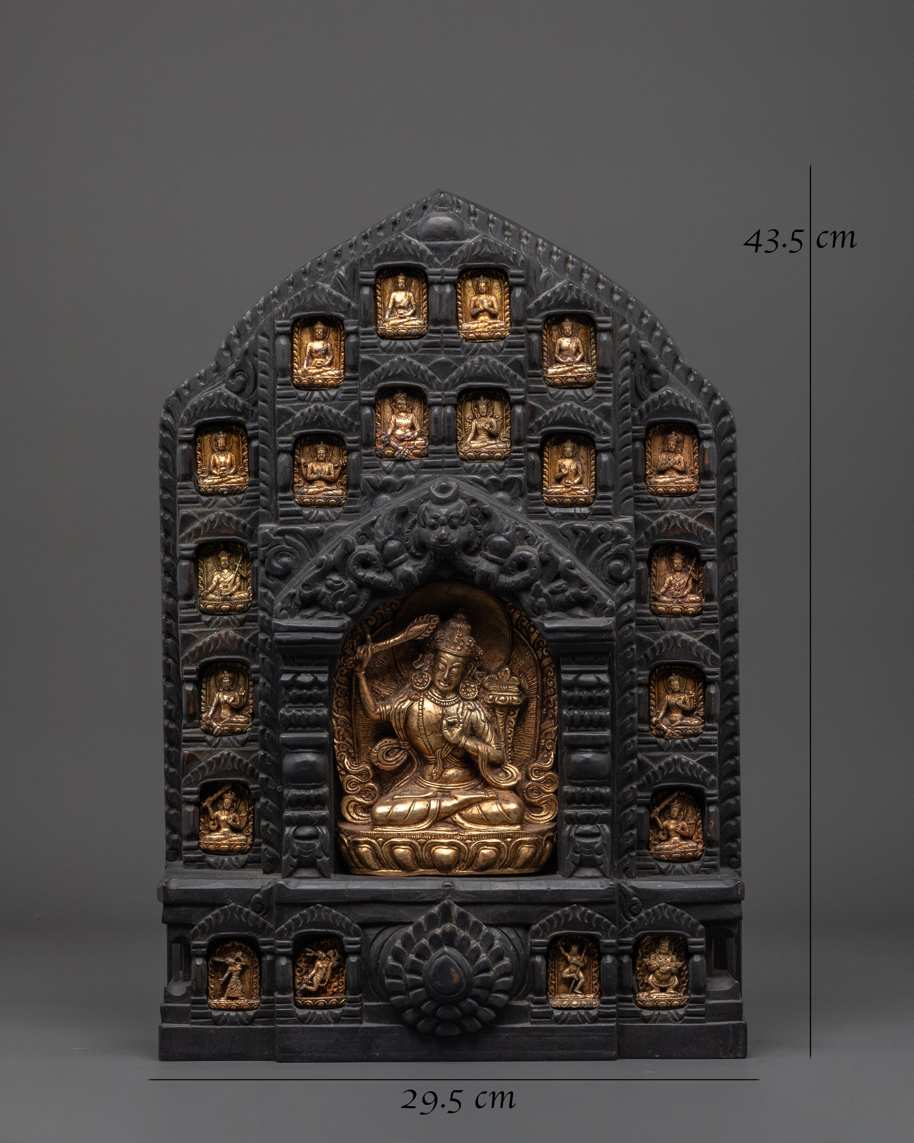 Gold Plated Manjushri Statue with Wooden Frame | Tibetan Bodhisattva of Wisdom