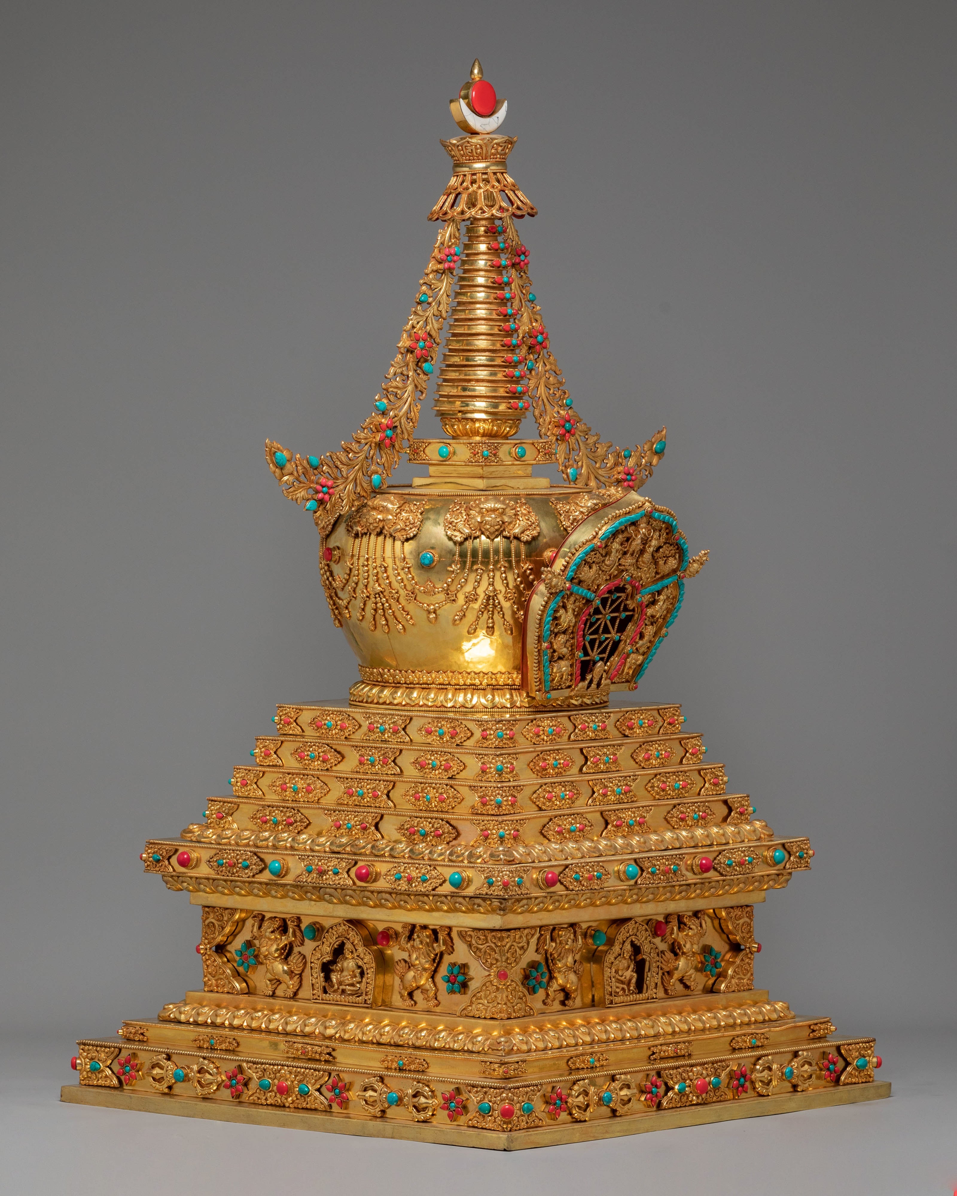 Gold Plated Tibetan Sacred Stupa | Exquisite Buddhist Stupa Sculpture