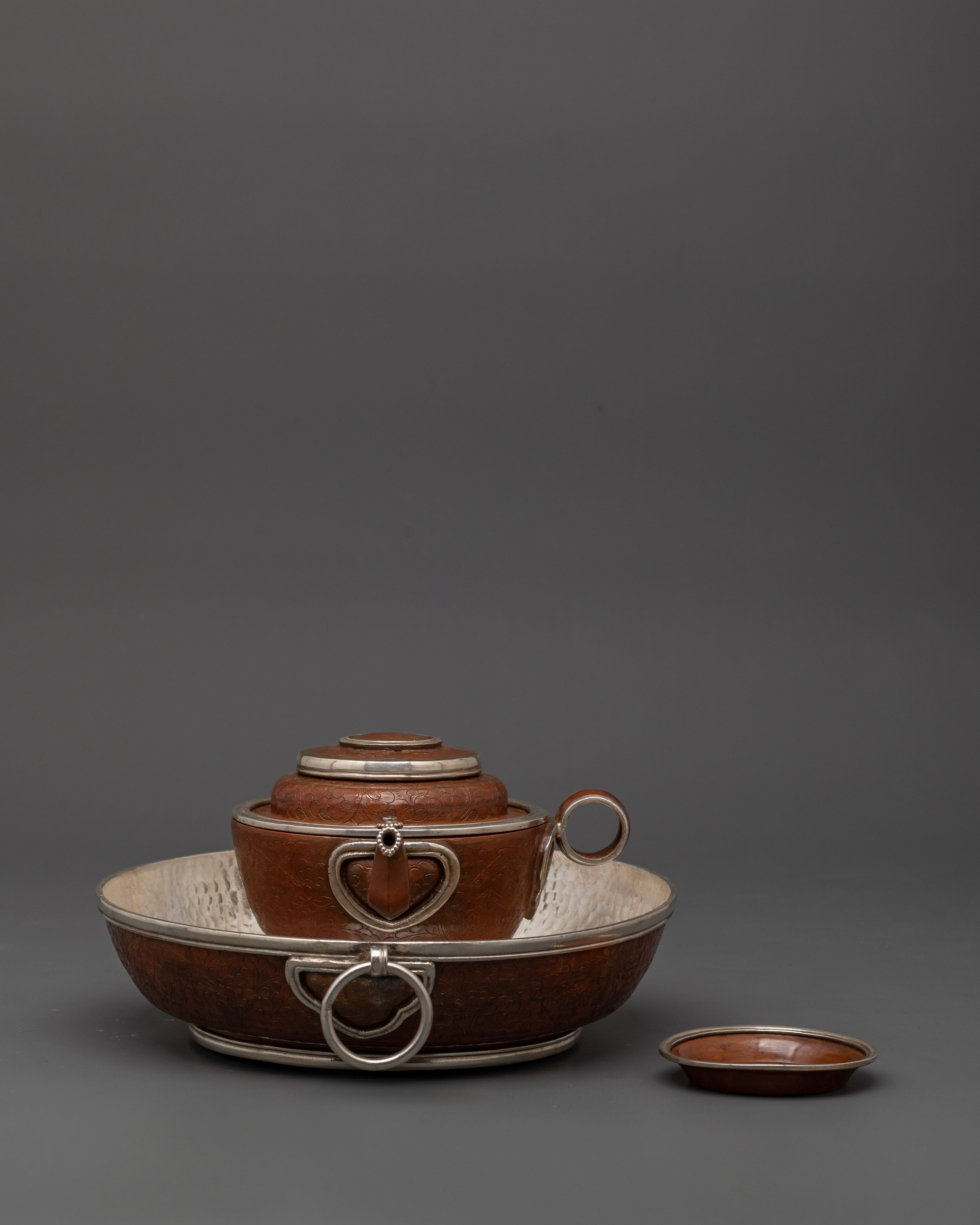 Spiritual Tibetan Water Offering Set | Oxidized Copper Ritual Bowls with Silver-Plated Brass Lining