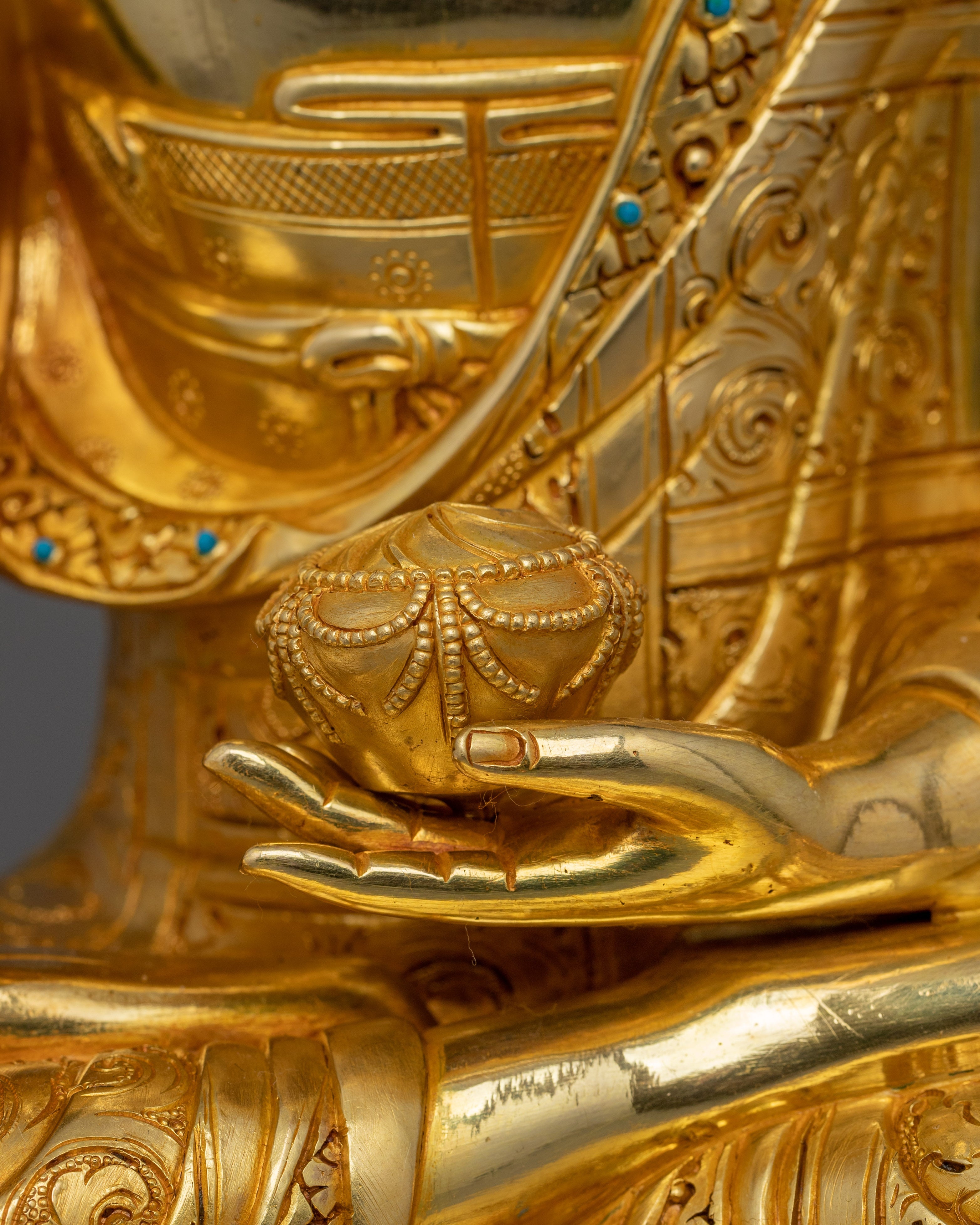 Hand Carved Buddhist Shakyamuni Buddha Figurine | 24K Gold Gilded Statue