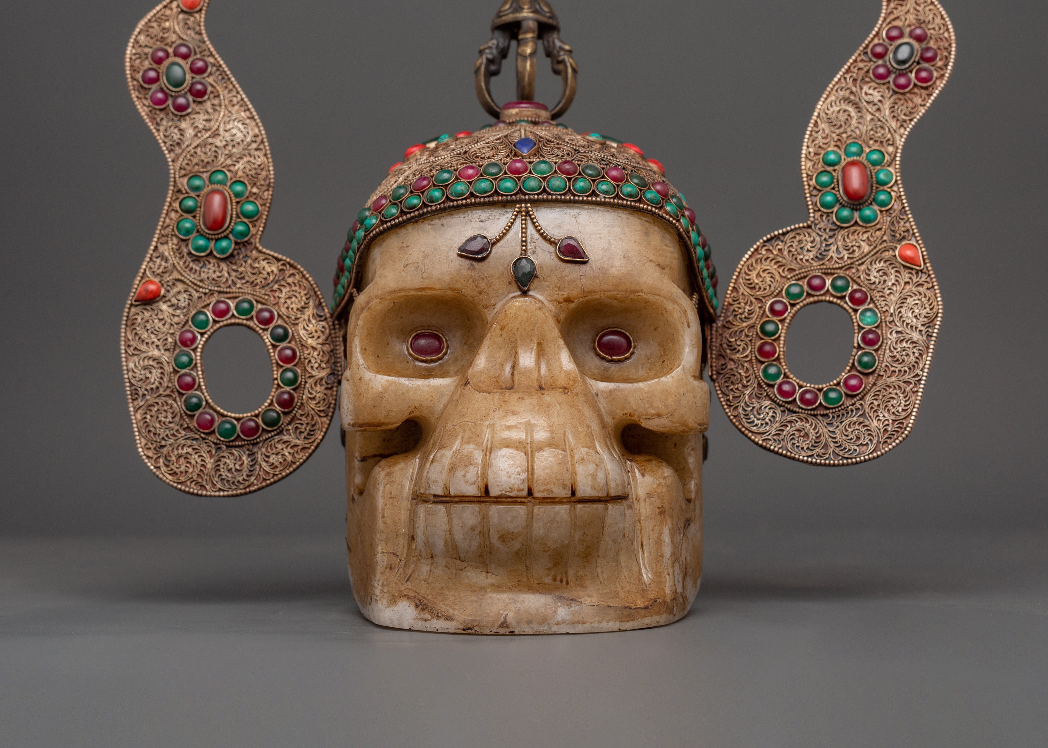 Mystic Skull Decor Copper Body with Silver Plating | Inlaid Coral, Turquoise & Crystal