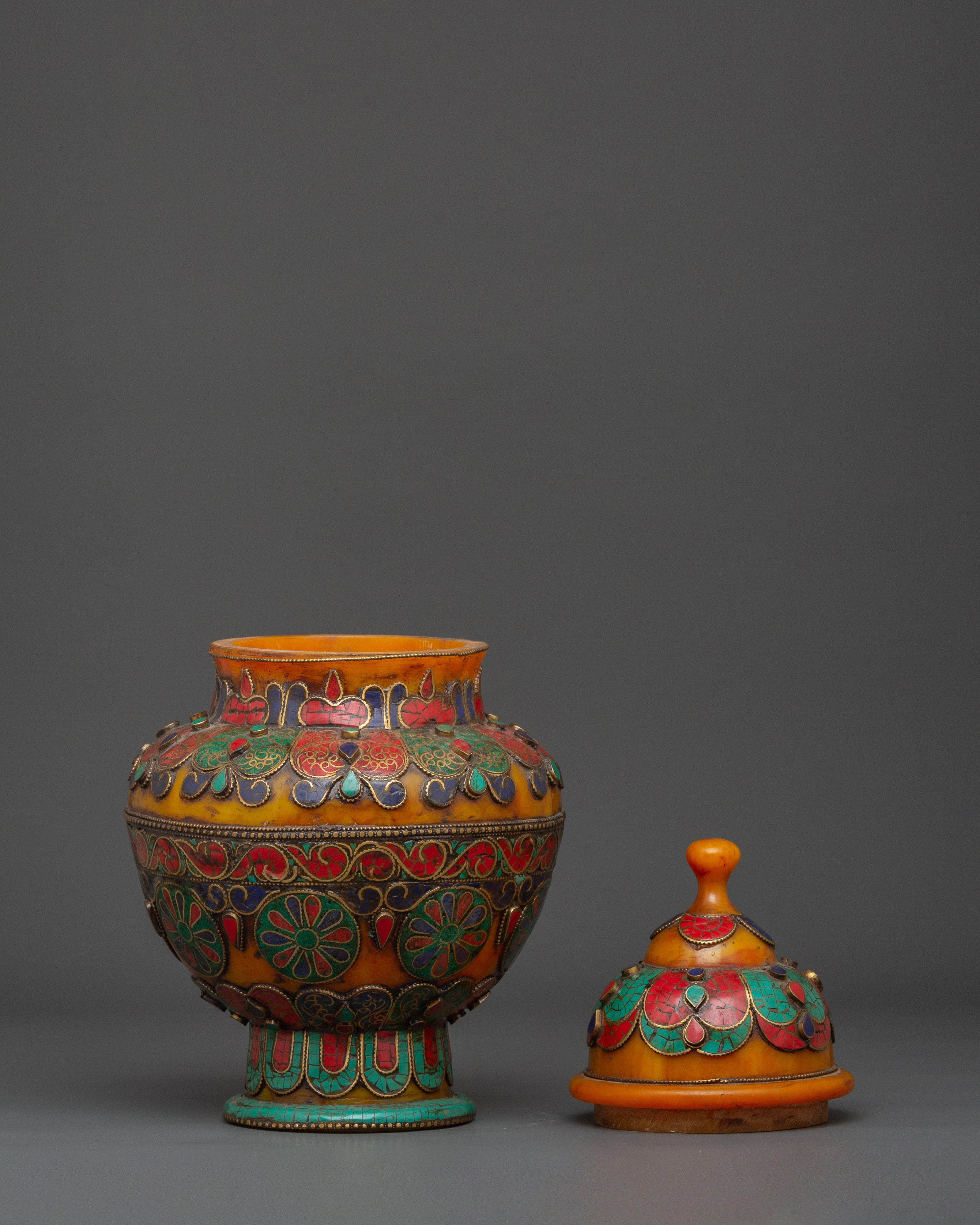 Traditional Himalayan Rice Pot | Handcrafted Brass & Amber Vessel with Turquoise Stone