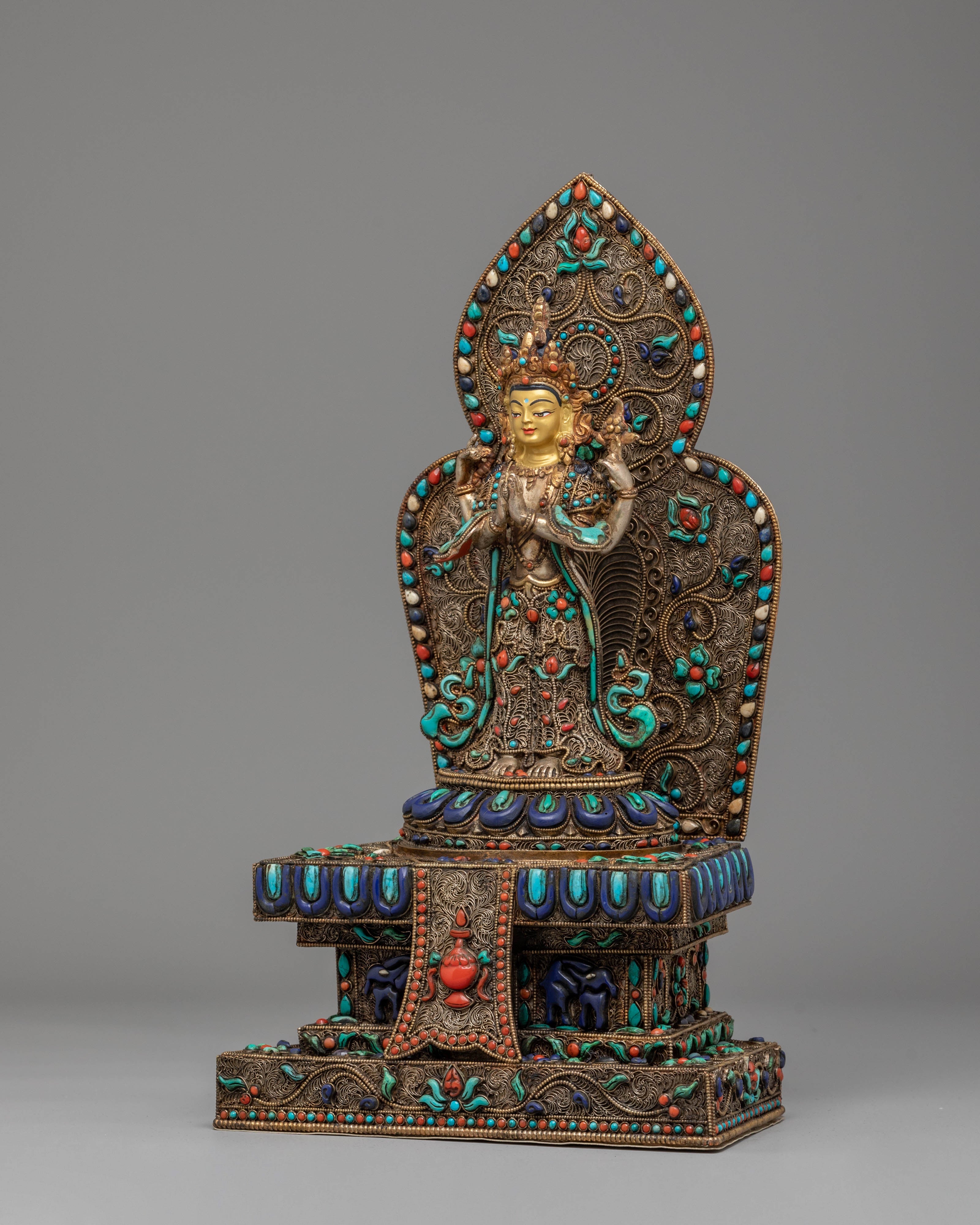 Divine Bodhisattva Standing Chenrezig Statue | Copper & Silver Plated Art