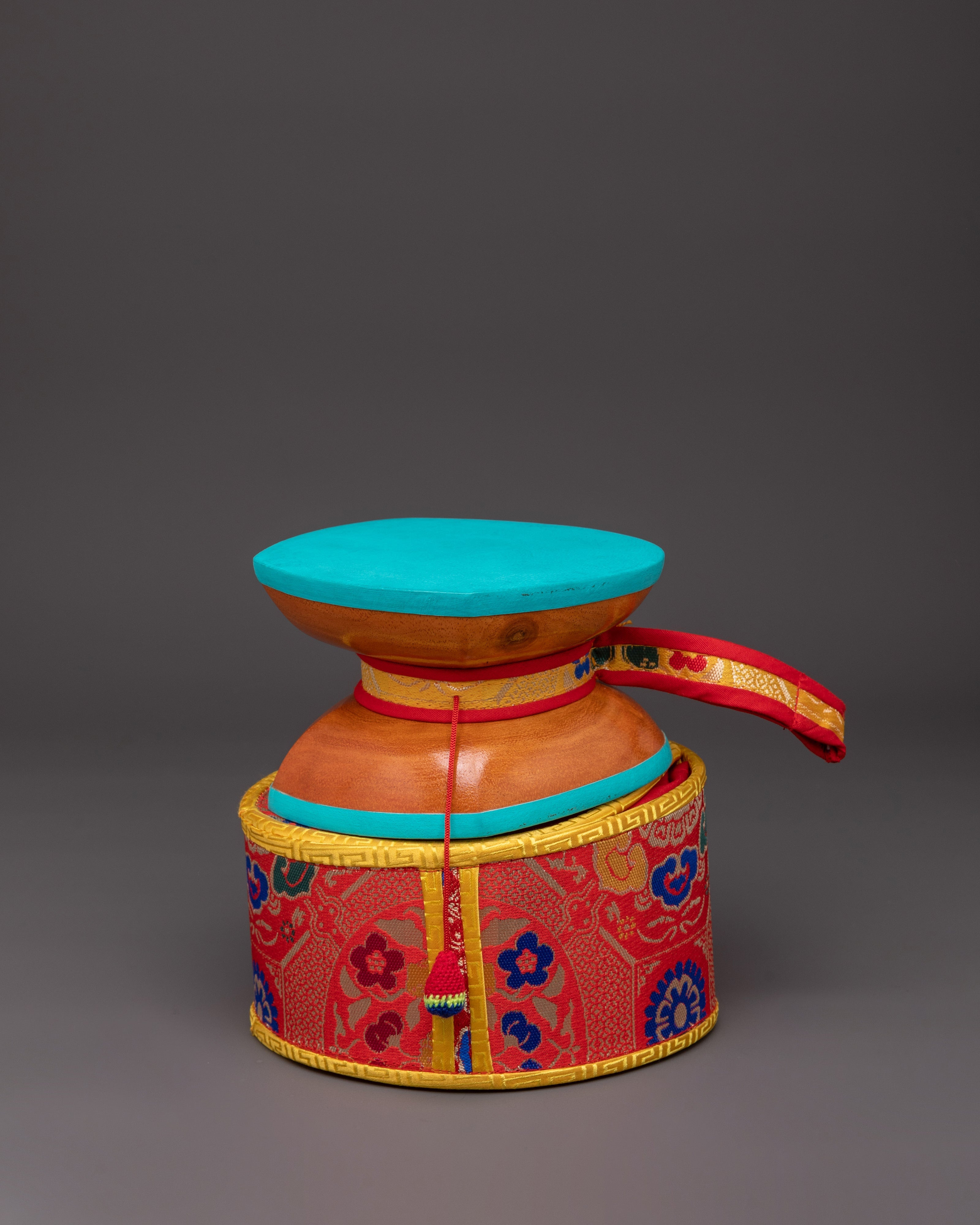 Tibetan Meditation Damaru Drum | Wooden Buddhist Ritual Instrument with Silk Brocade Cover