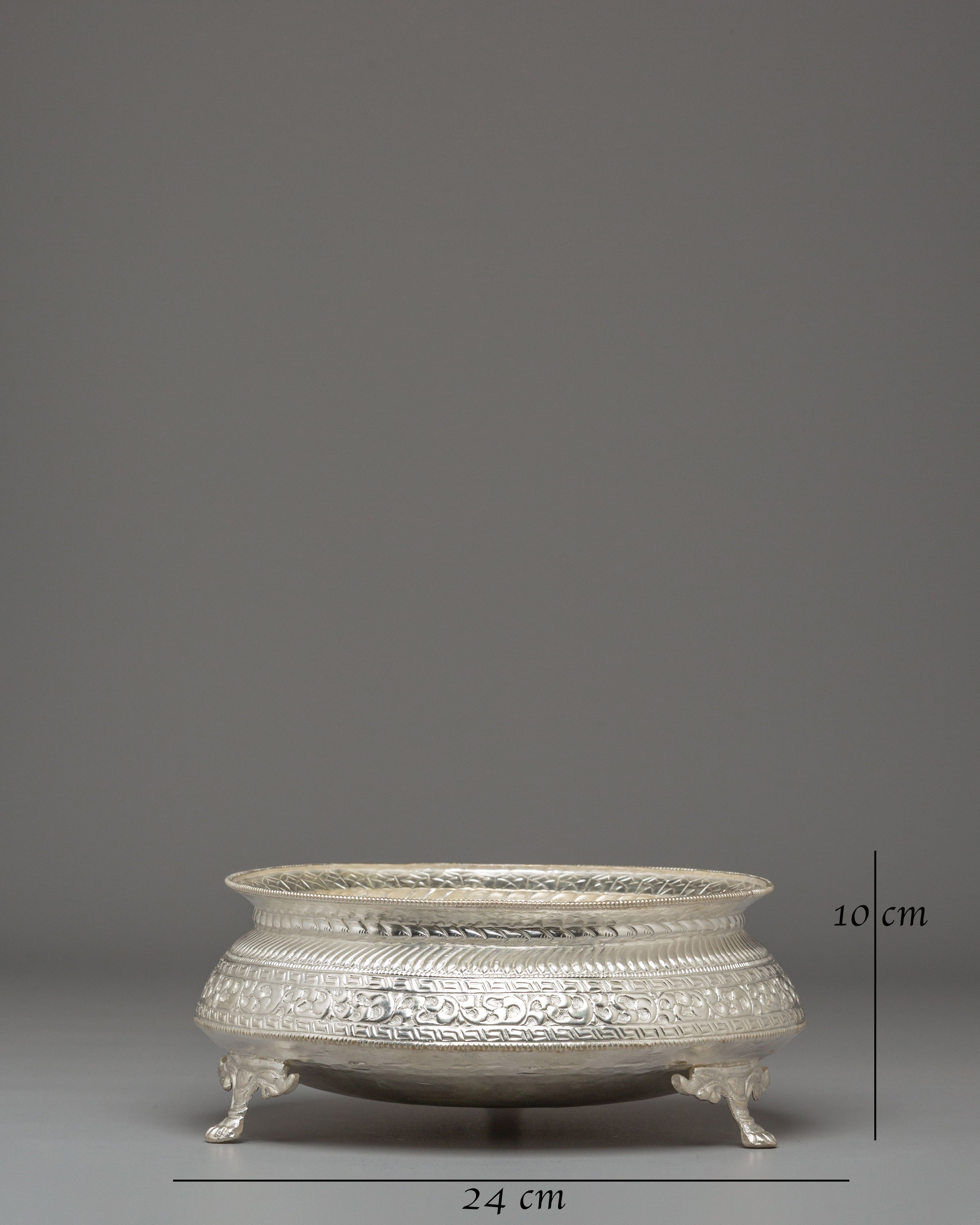 Himalayan Ritual Khadkula | Silver-Plated Brass Offering Bowl for Altar Decor