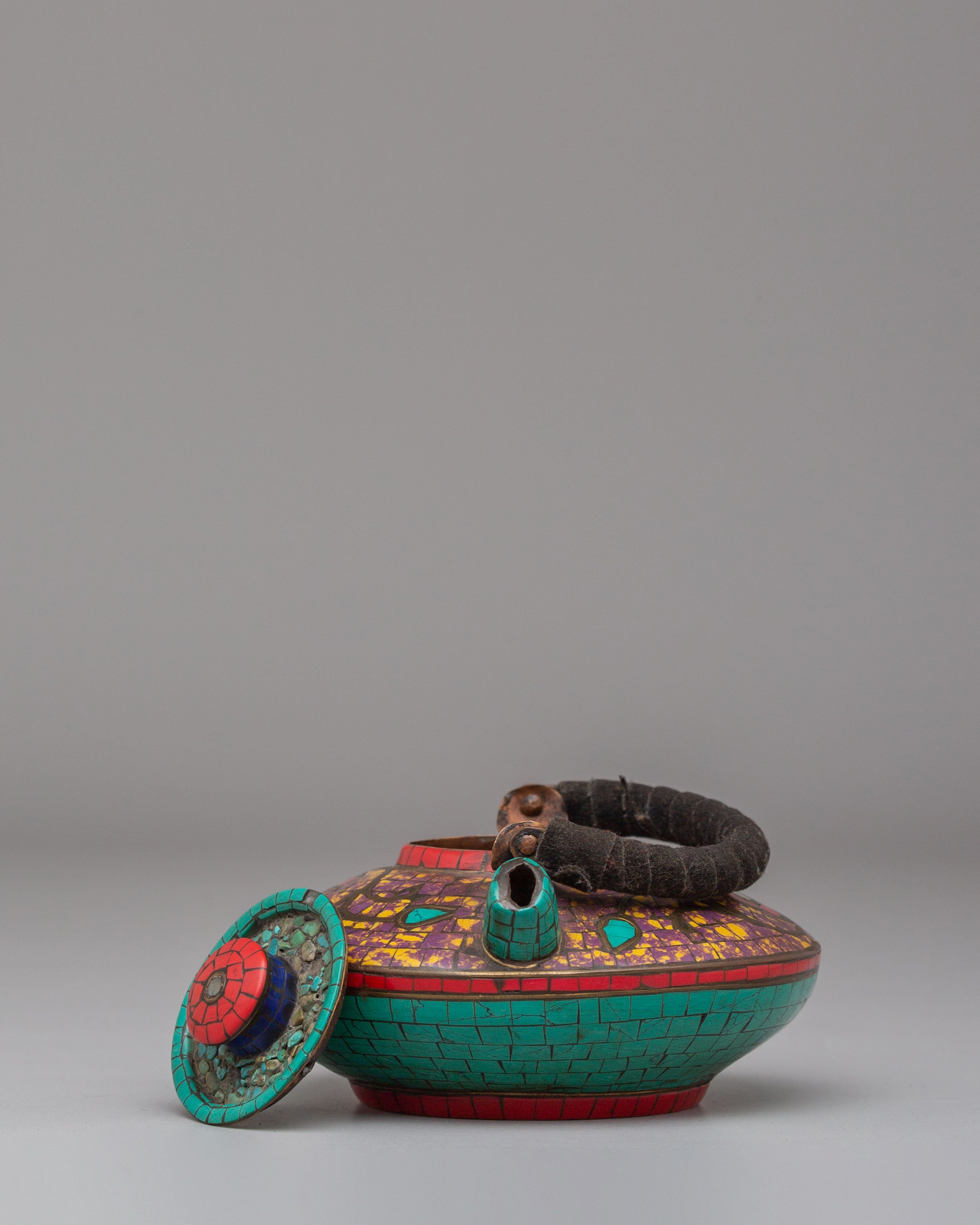 Handmade Buddhist Tea Pot | Copper with Coral, Lapis & Turquoise Stones