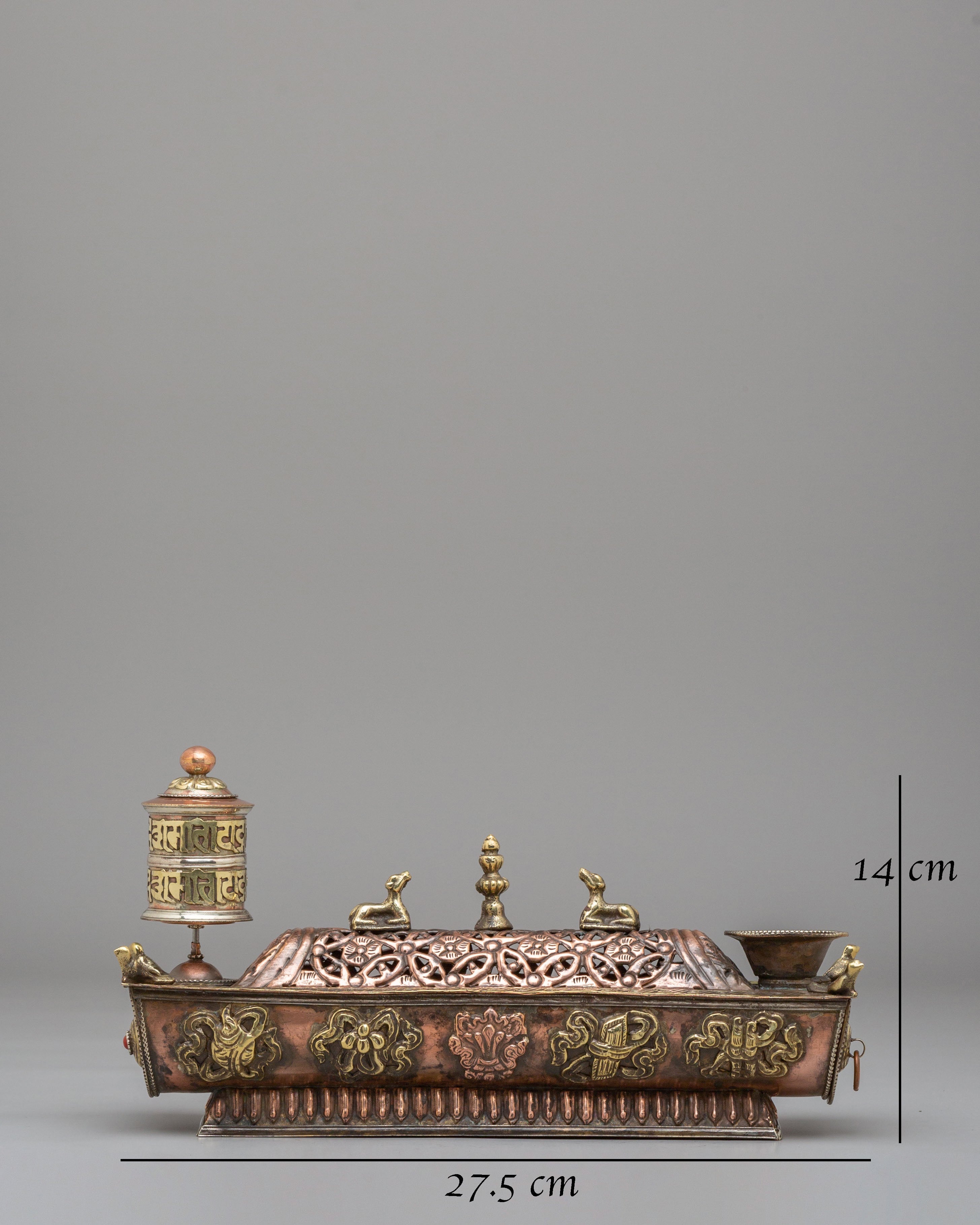 Ritual Incense Burner | Handcrafted Brass Tibetan Incense Box with Dharma Wheel
