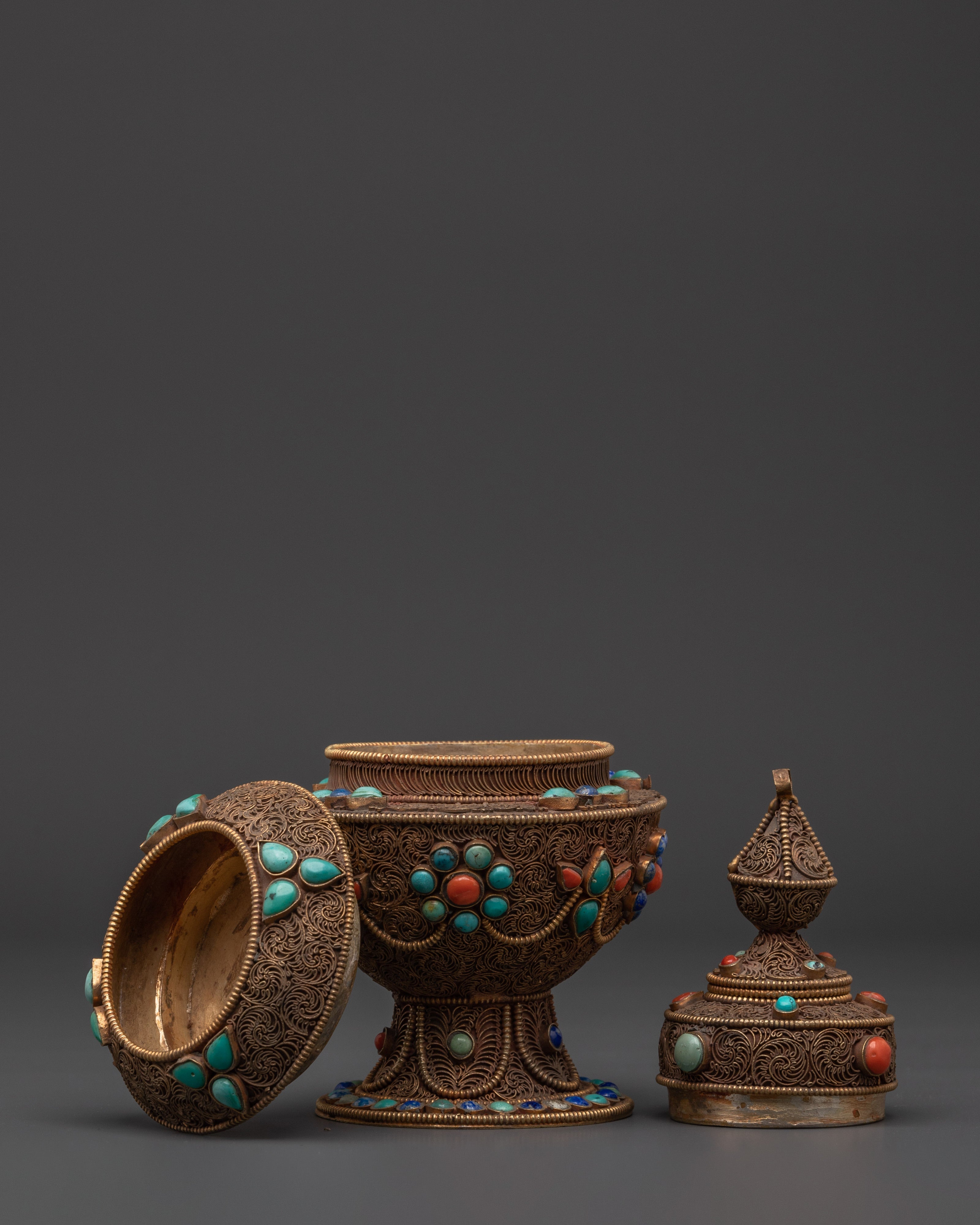 Handcrafted Tibetan Filigree Rice Pot | Copper Pot with Coral & Turquoise Inlays