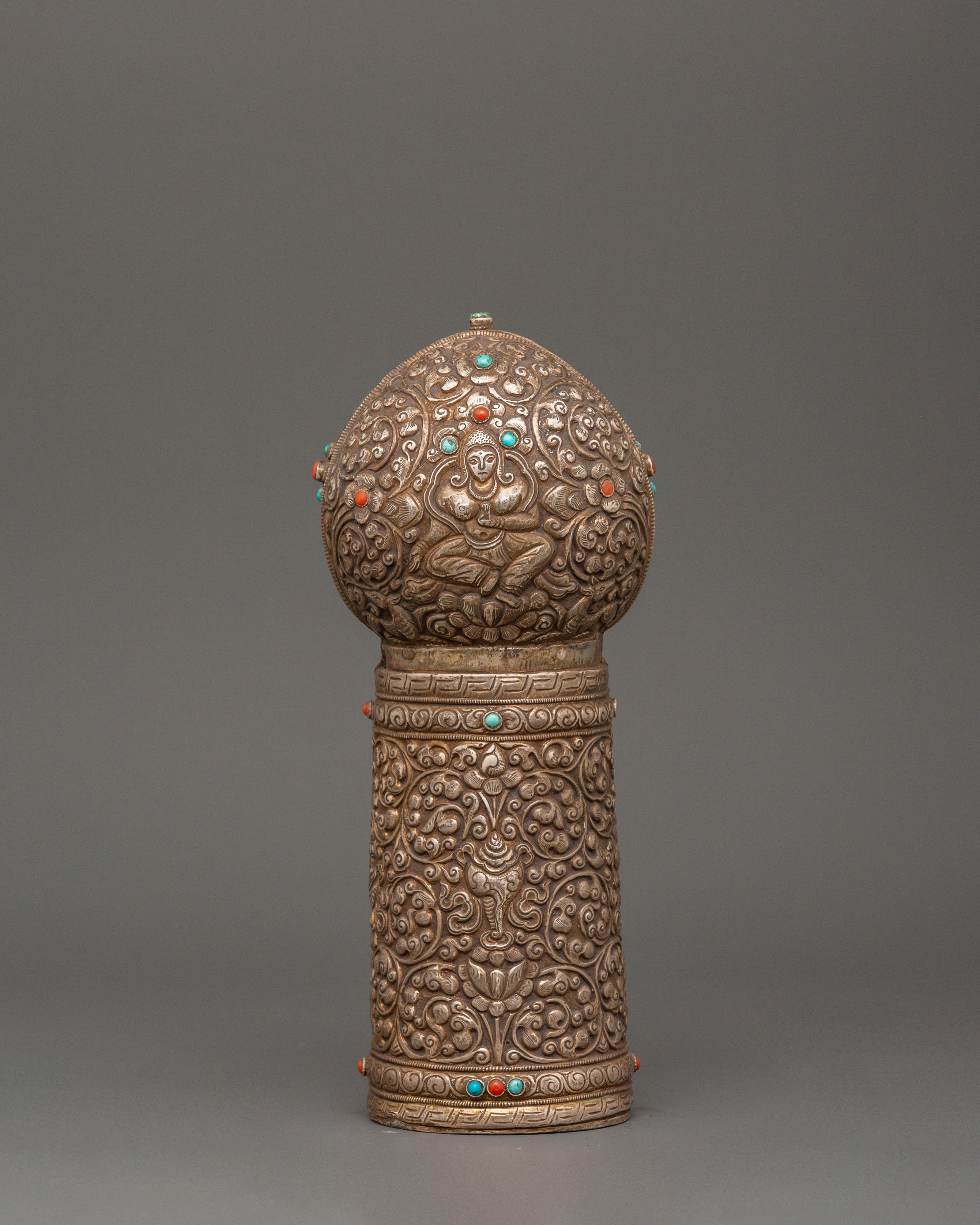 Pure Silver Tibetan Stamp | Handcrafted Ritual Seal with Turquoise & Coral Stone