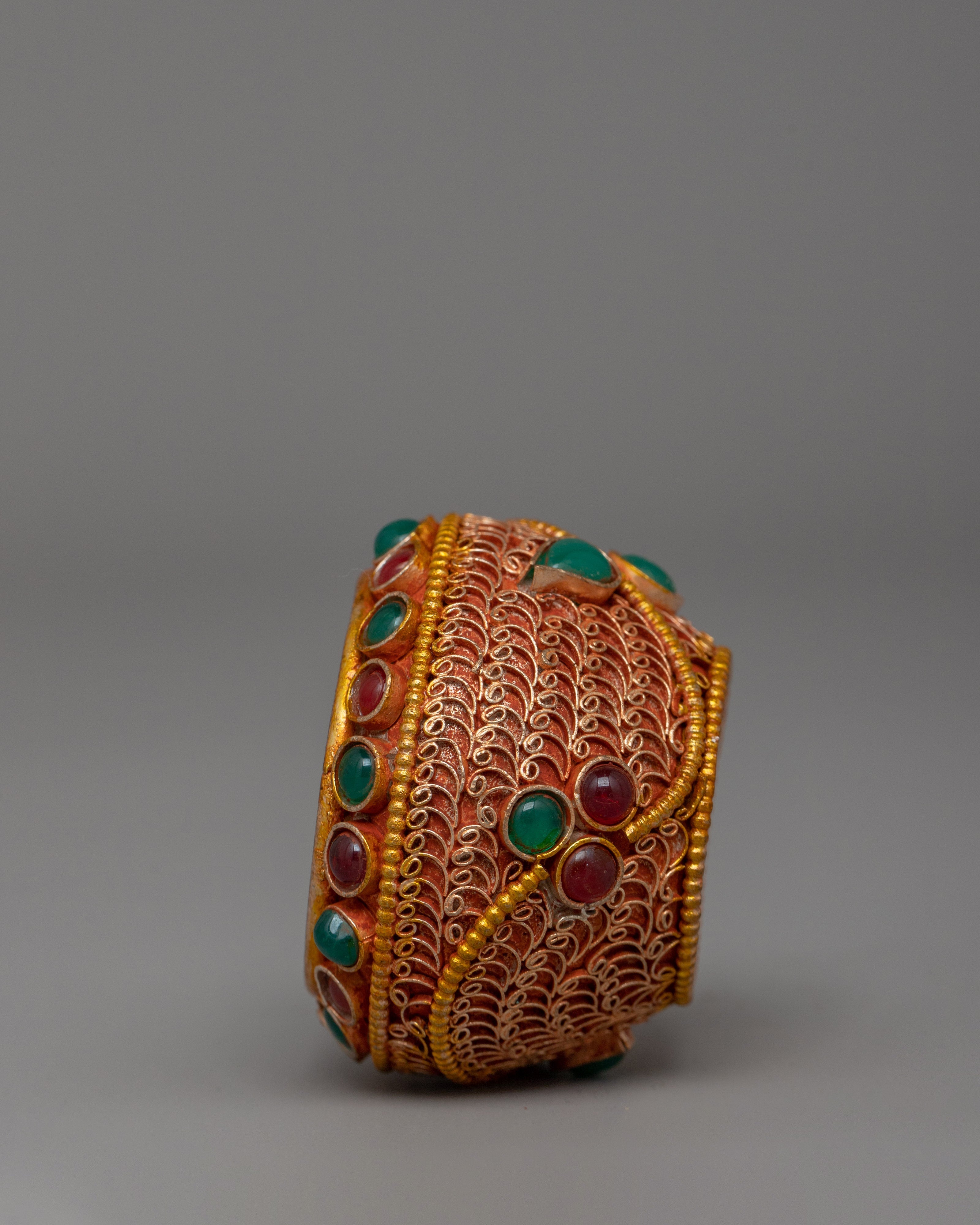 Copper Gold Plated with Turquoise & Coral Golpa Bowl | Tibetan Golpa Ritual Offering Bowl