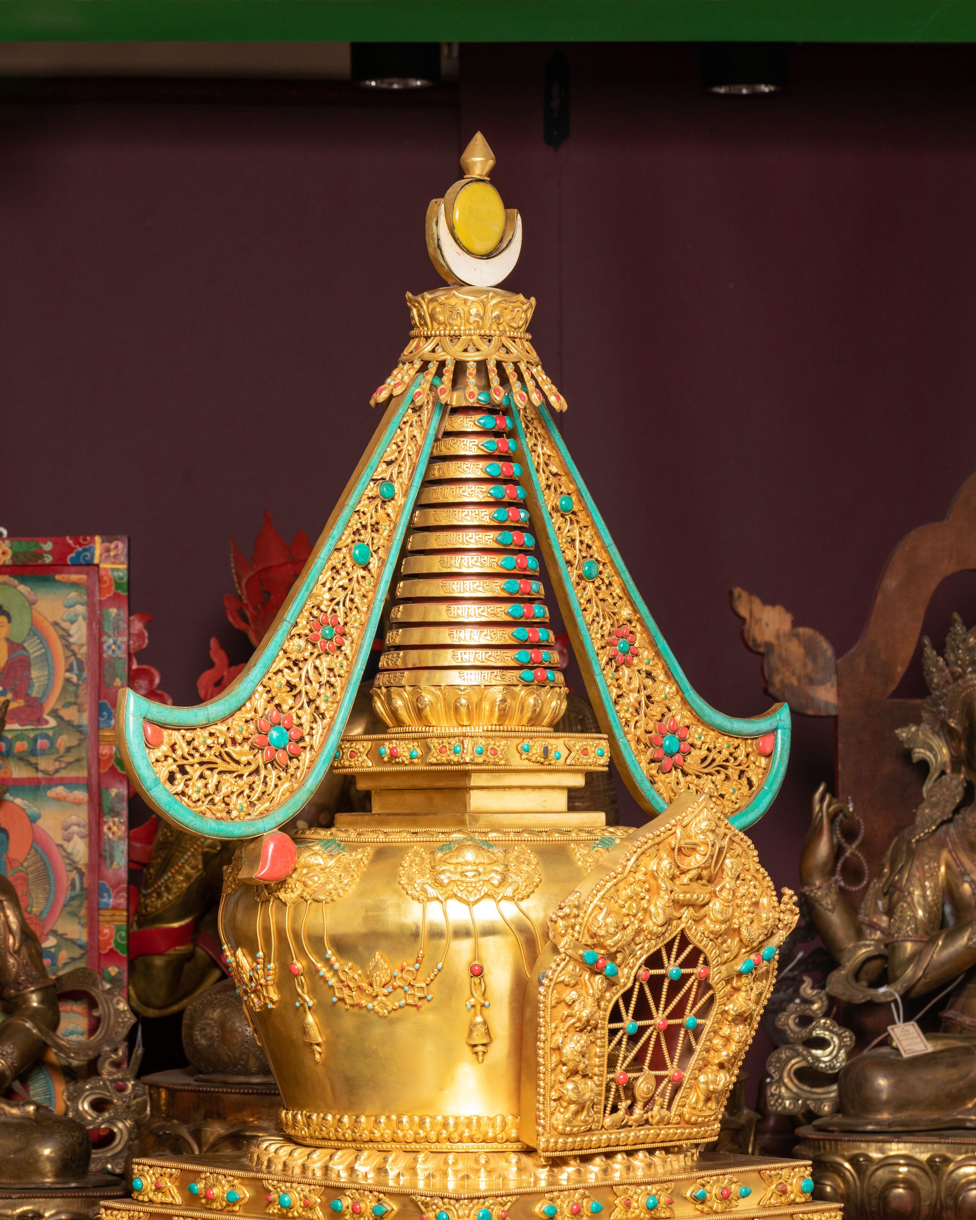 Sacred Buddhist Stupa for Altar | Gold-Plated Tibetan Stupa with Coral & Turquoise