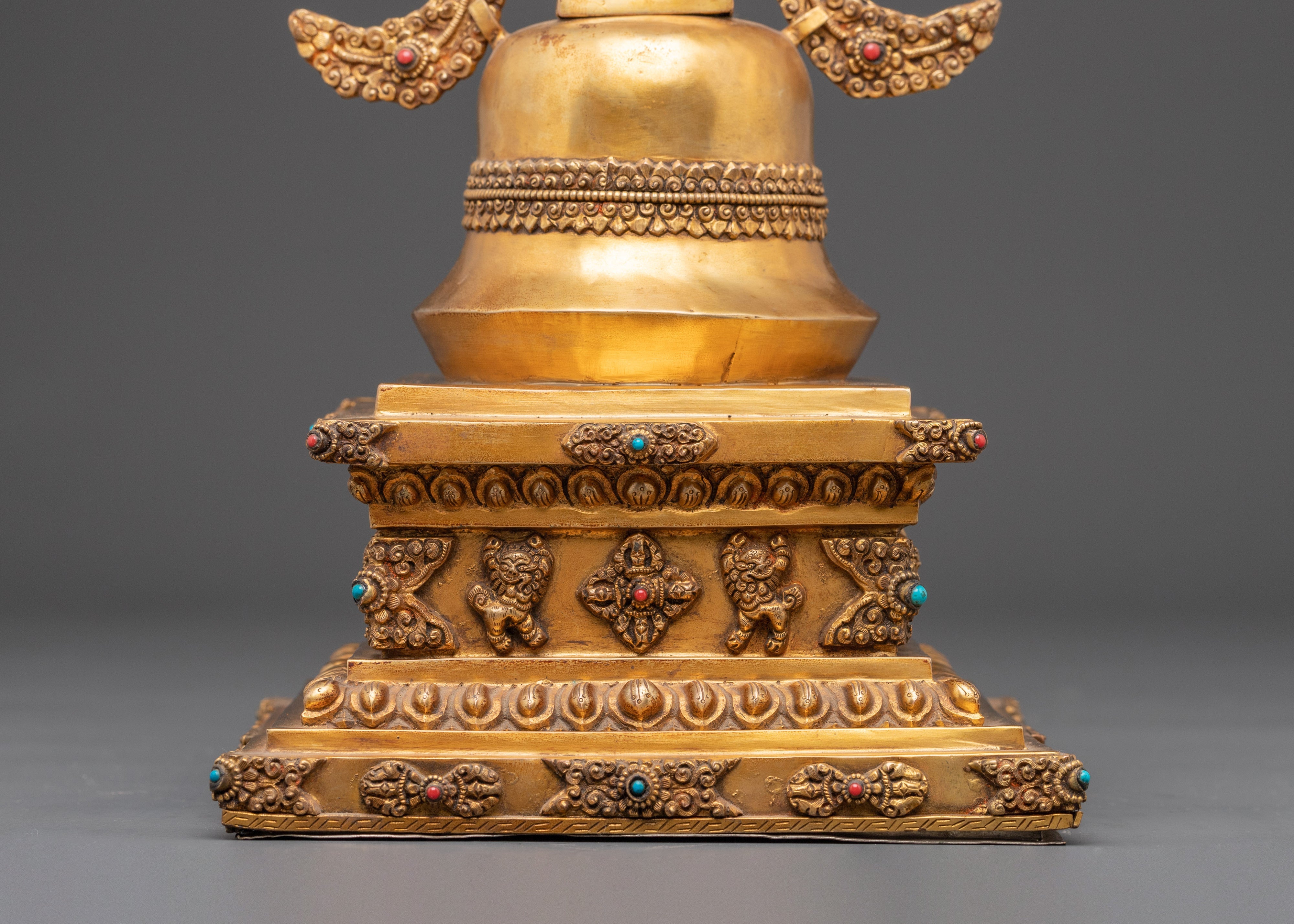 Sacred Buddhist Stupa Monument | Gold Plated Copper with Turquoise Inlay