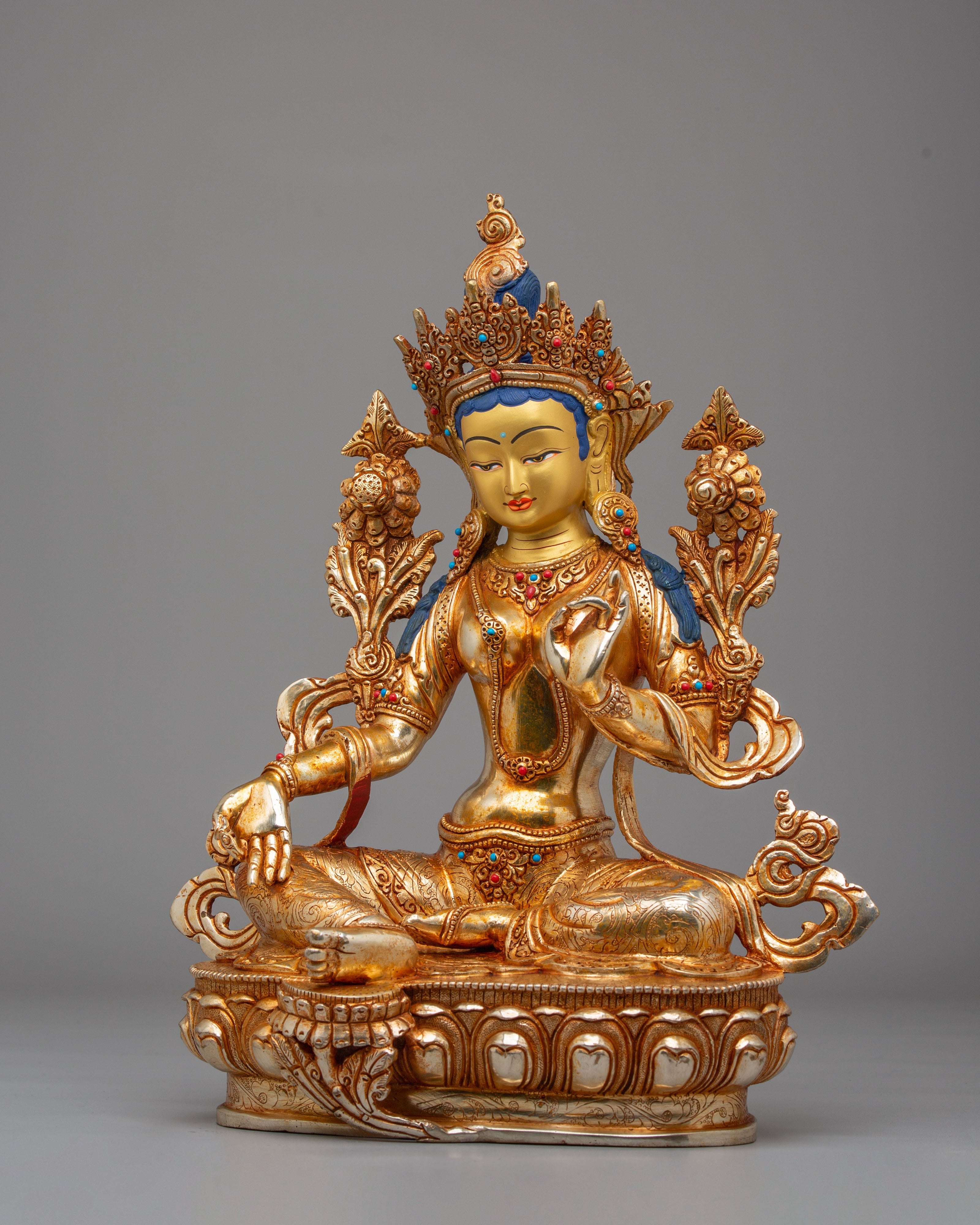 Handcrafted Green Tara Altar Sculpture | 24K Gold Plated Copper Statue