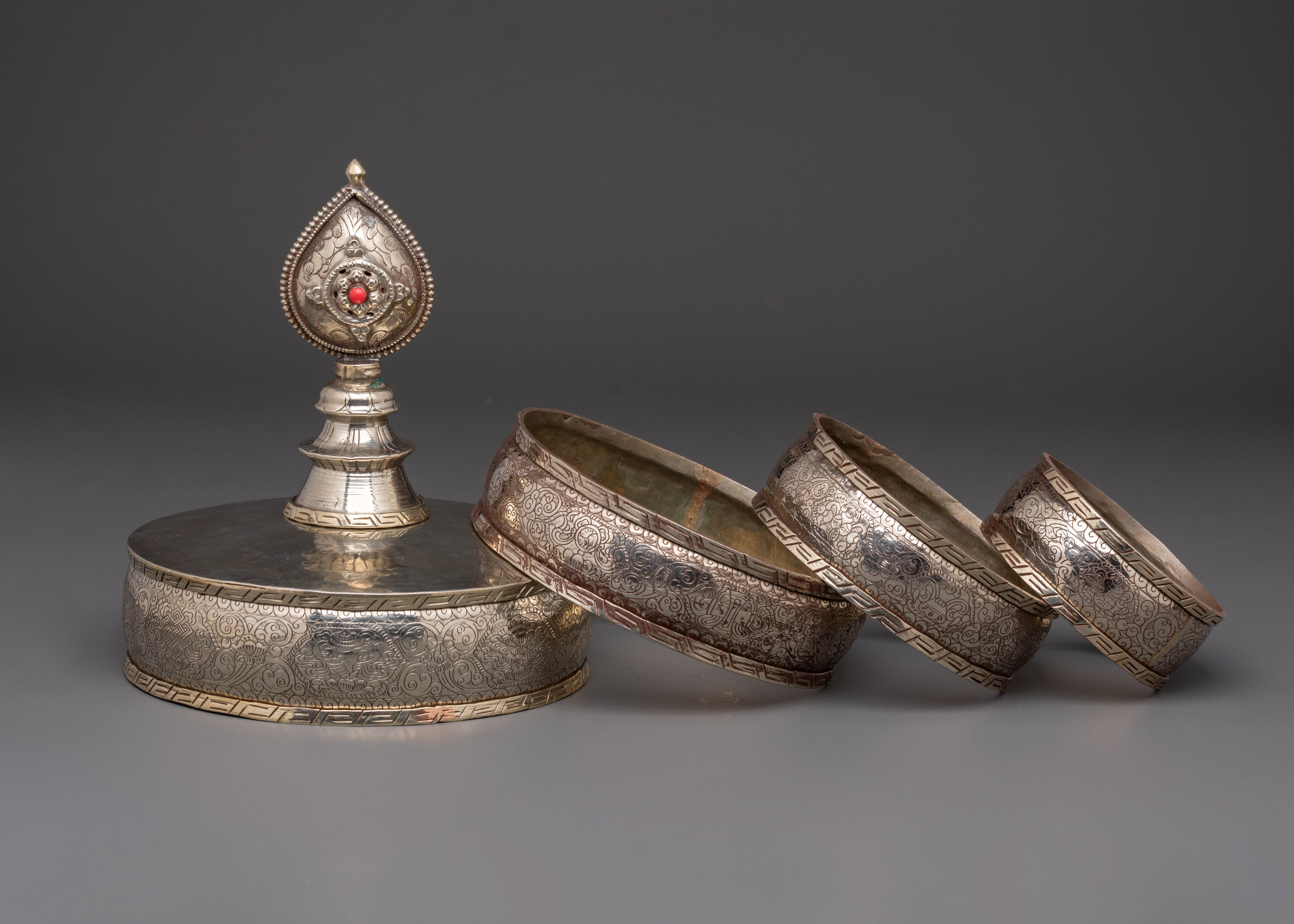 Handmade Tibetan Mandala Set | White Metal Mandala Offering Set with Coral Inlay
