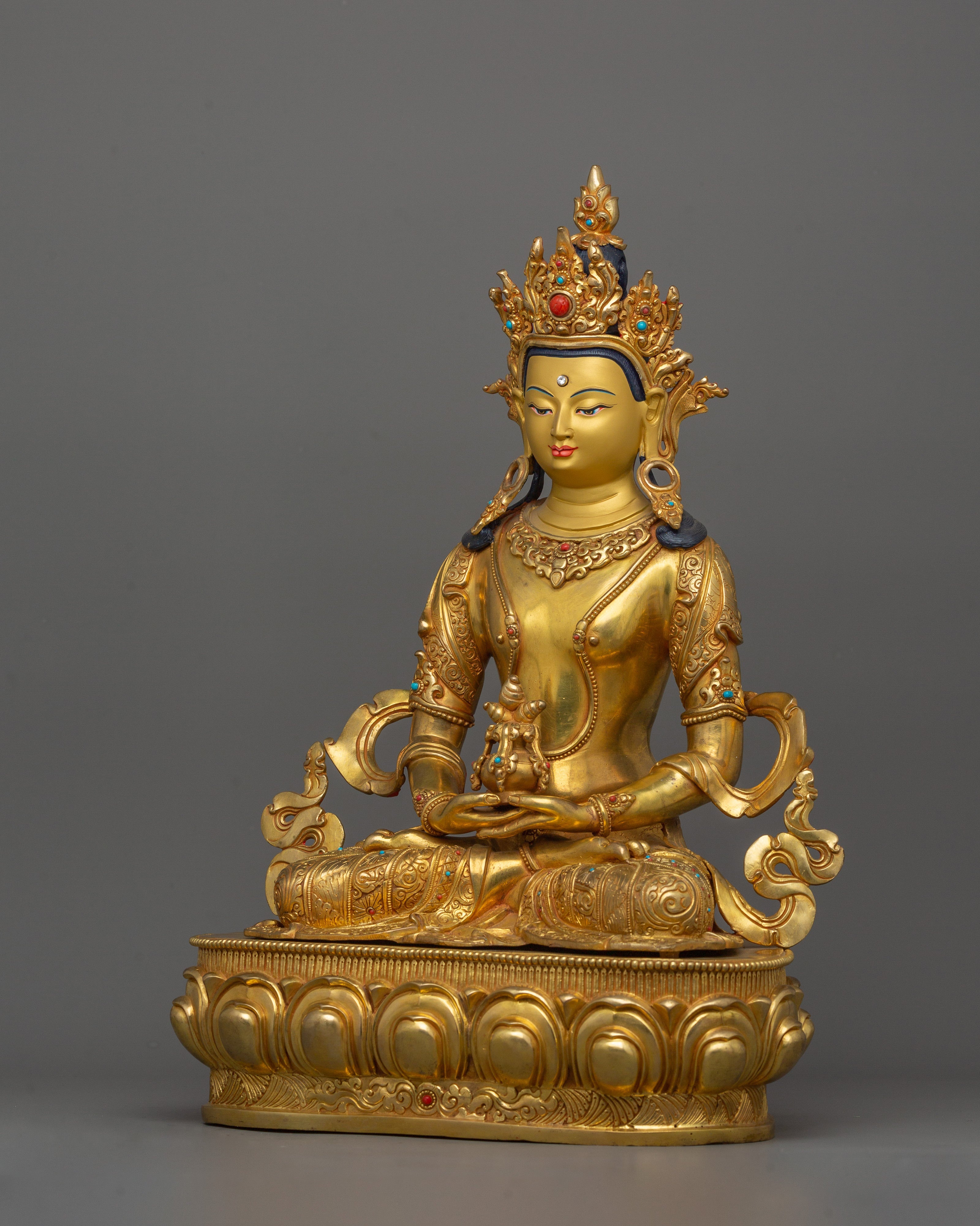 Gold-Gilded Handcrafted Amitayus Statue | Handcrafted Gemstone-Embellished Sculpture