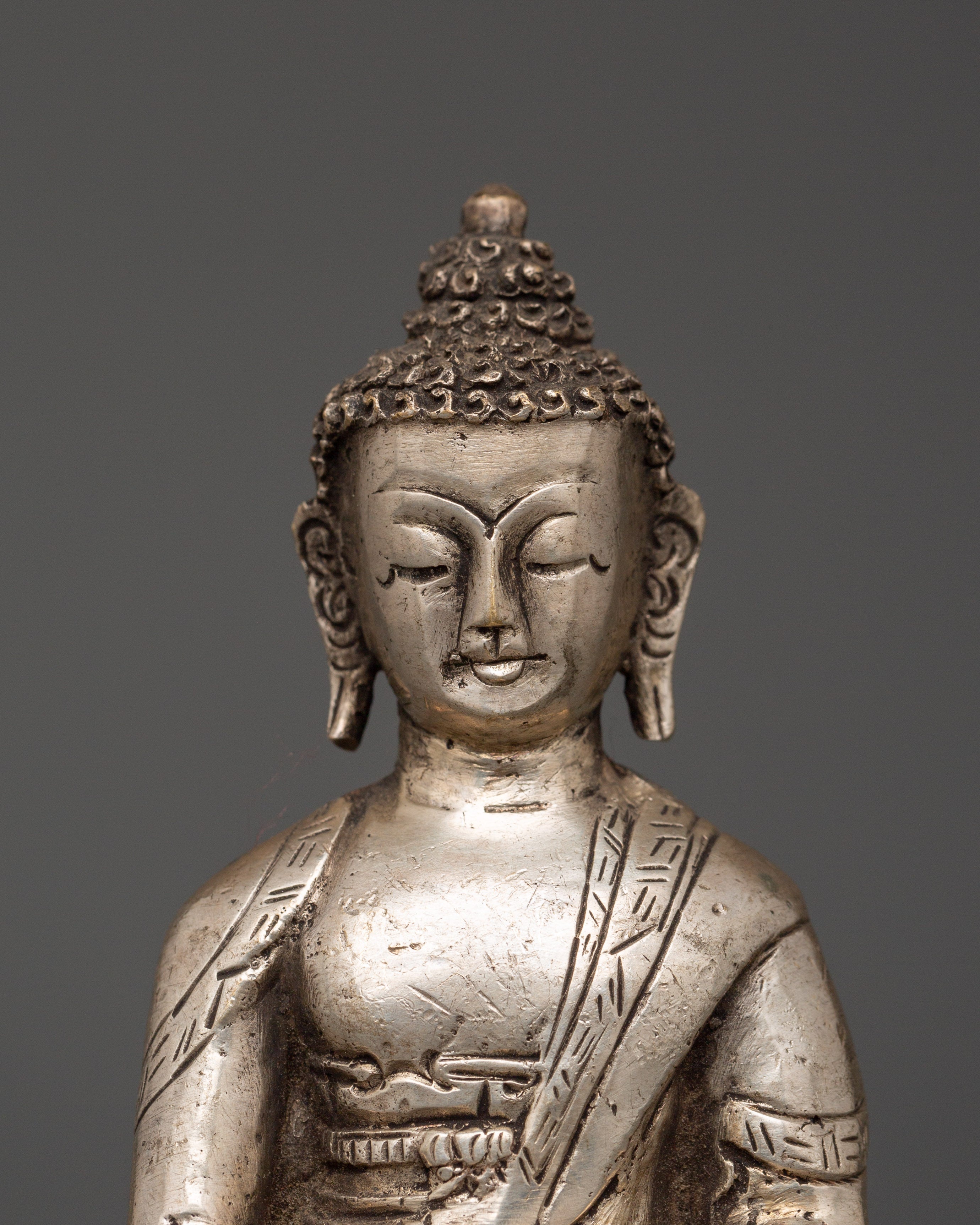 Tibetan Enlightenment Deity Amitabha Buddha Statue | Silver-Plated Copper Sculpture