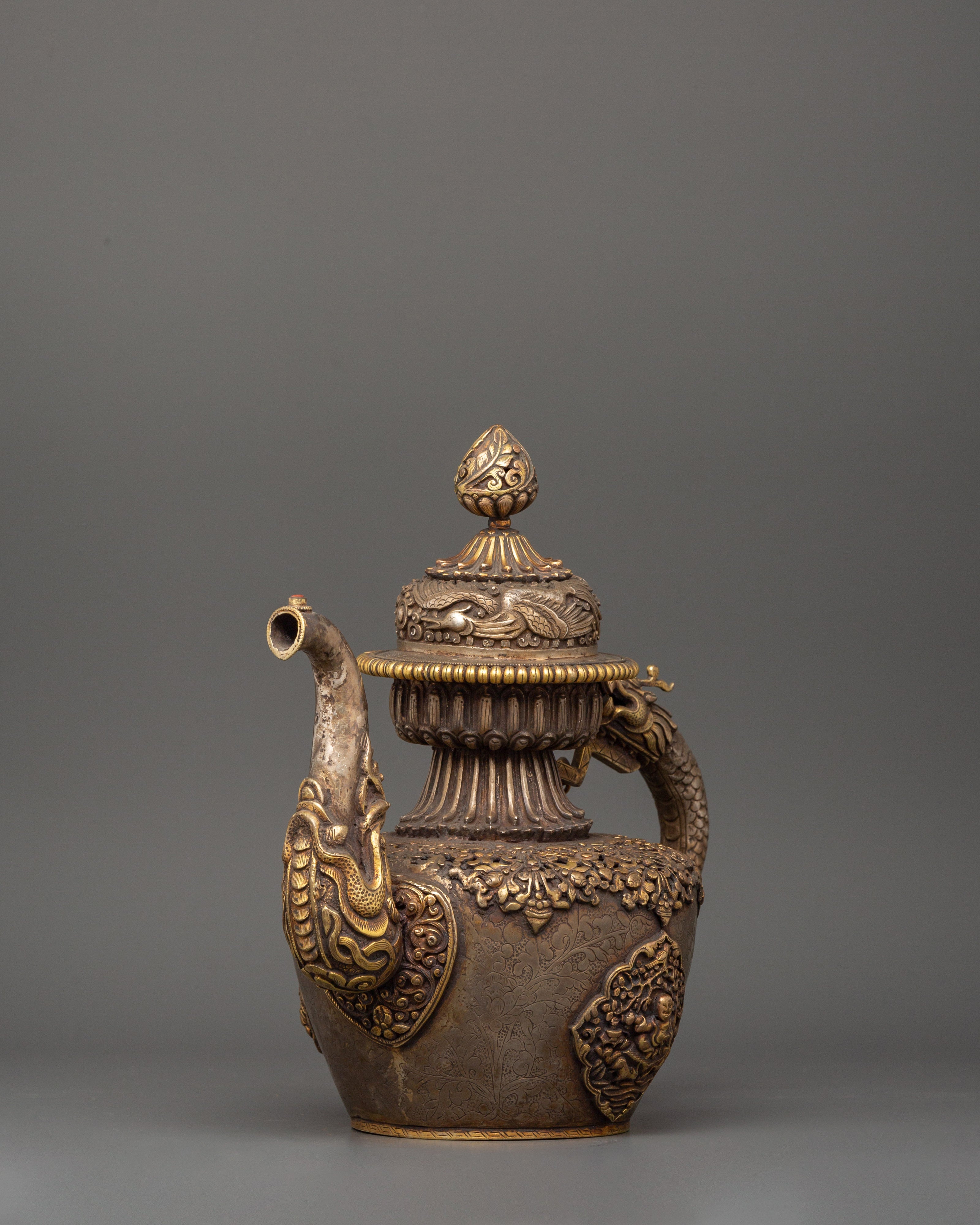 Tea Pot with Dragon Handle | Handcrafted Copper & Pure Silver with Gold Plating
