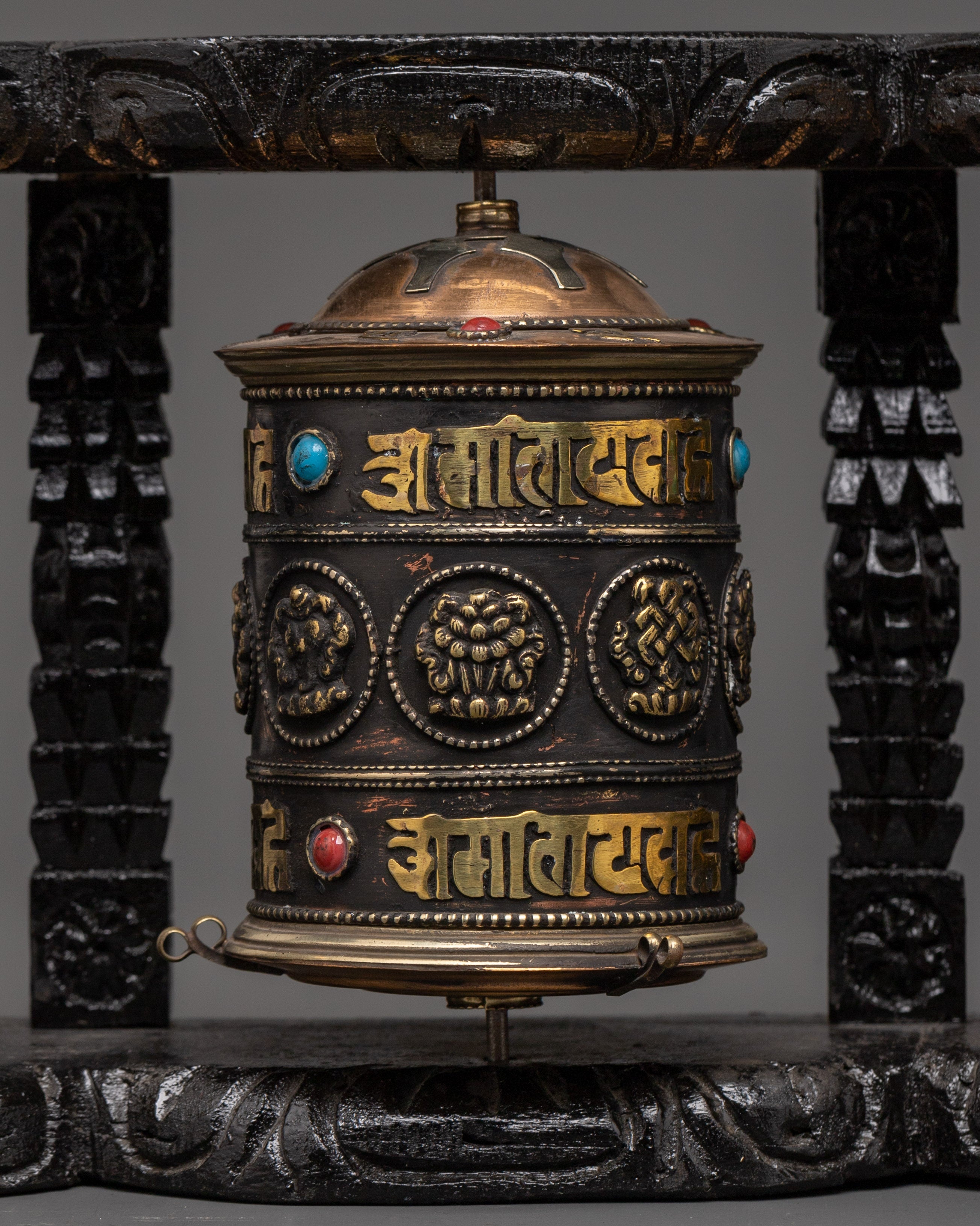 Five Tibetan Prayer Wheels on a Wooden Frame | Mantra Spinners