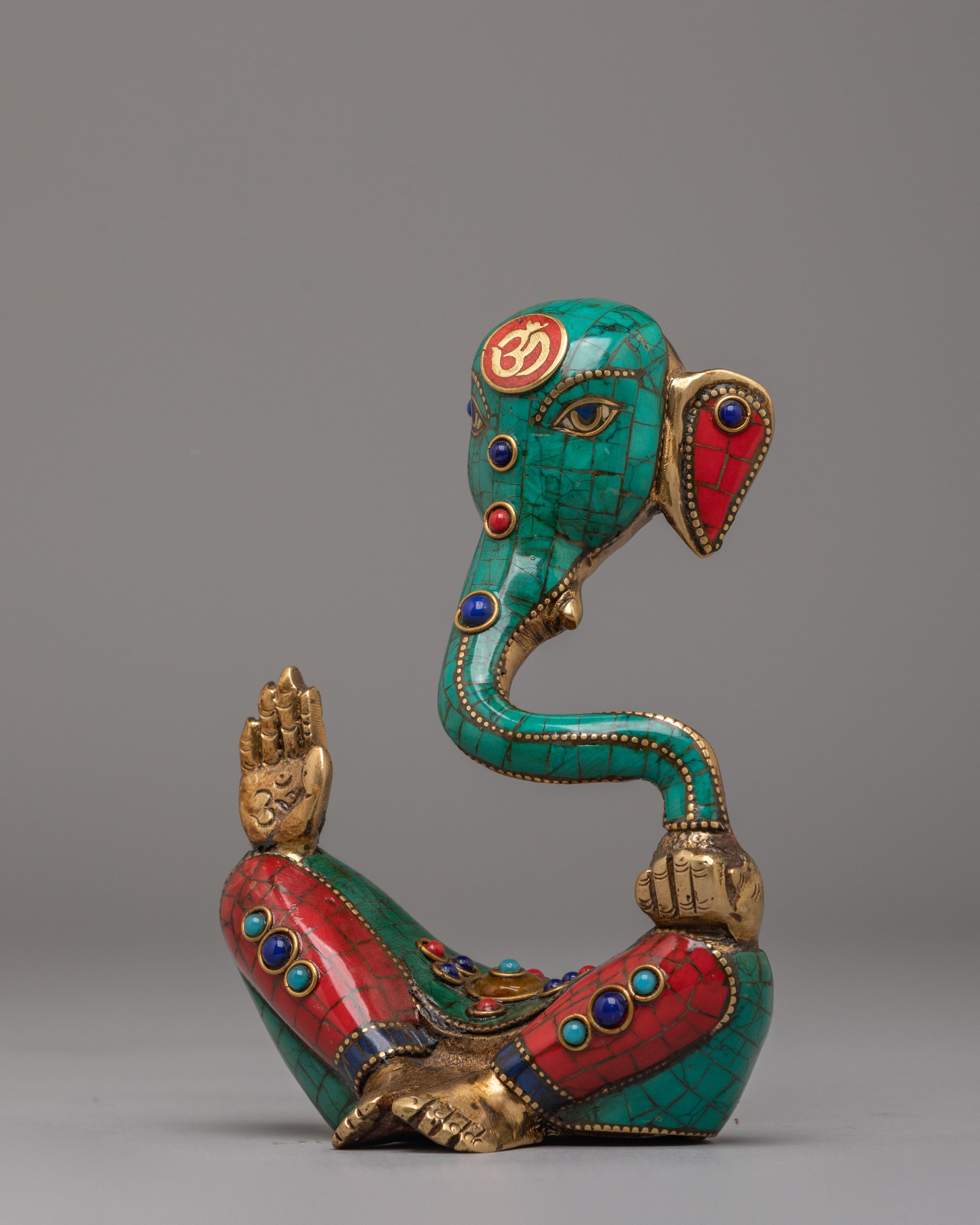Spiritual Hindu Deity Ganesh Sculpture | Gemstone Embellished Brass Statue