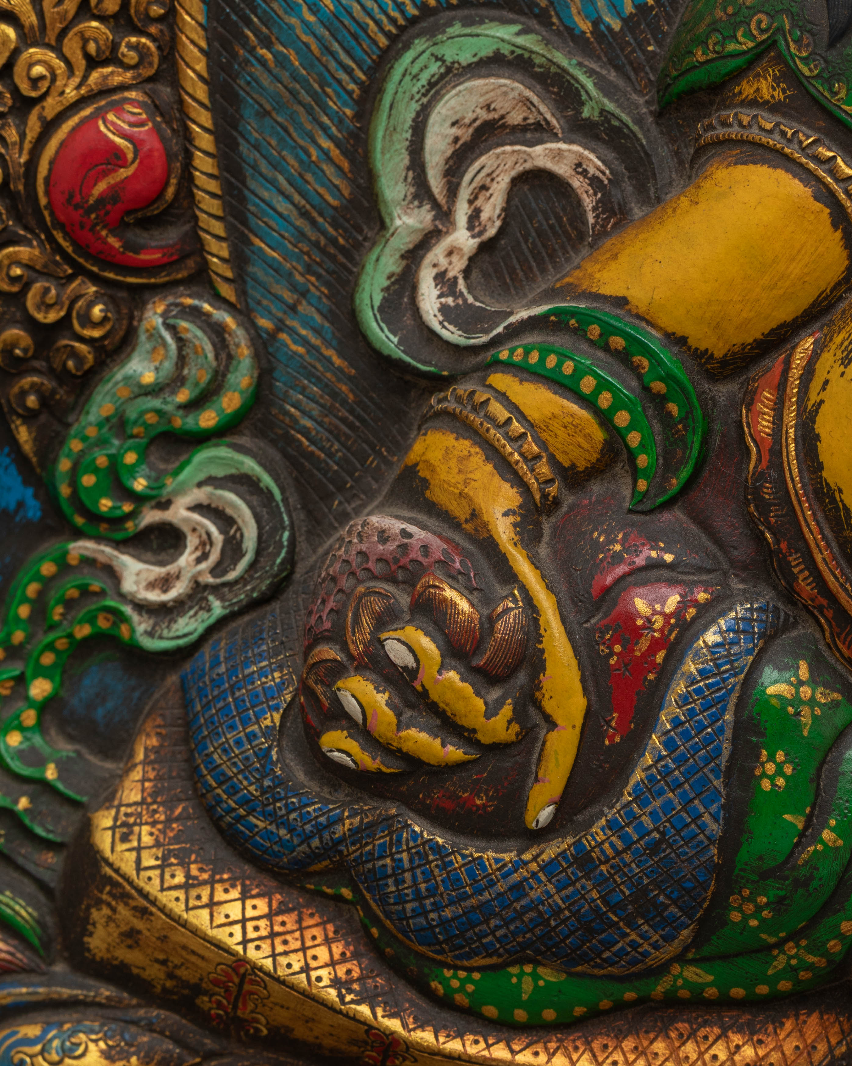 Sacred Yellow Dzambhala Wall Hanging | Tibetan Copper Art for Prosperity