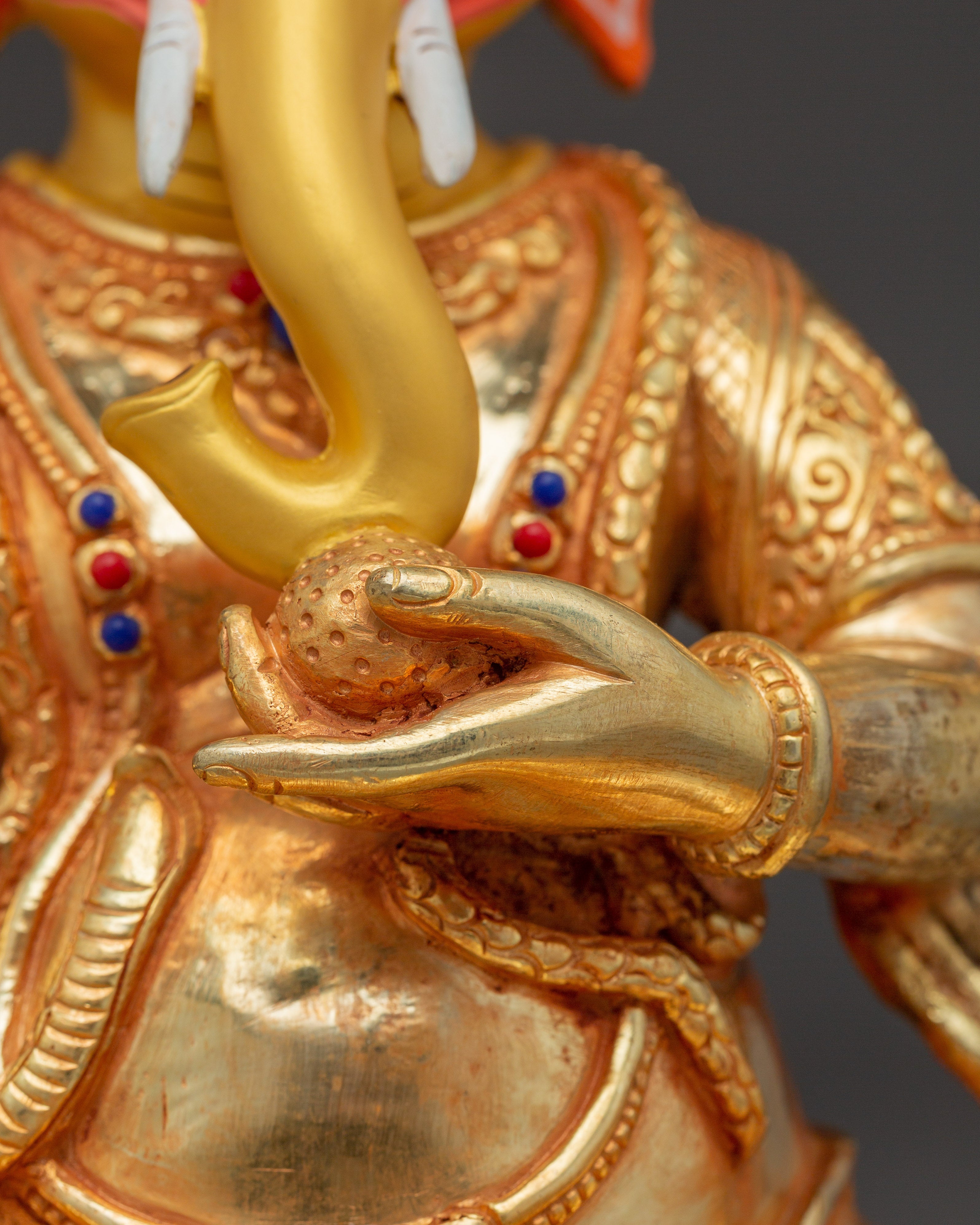 Handmade Gold-Plated Ganesha Sculpture | Copper Body with Coral & Turquoise Stones