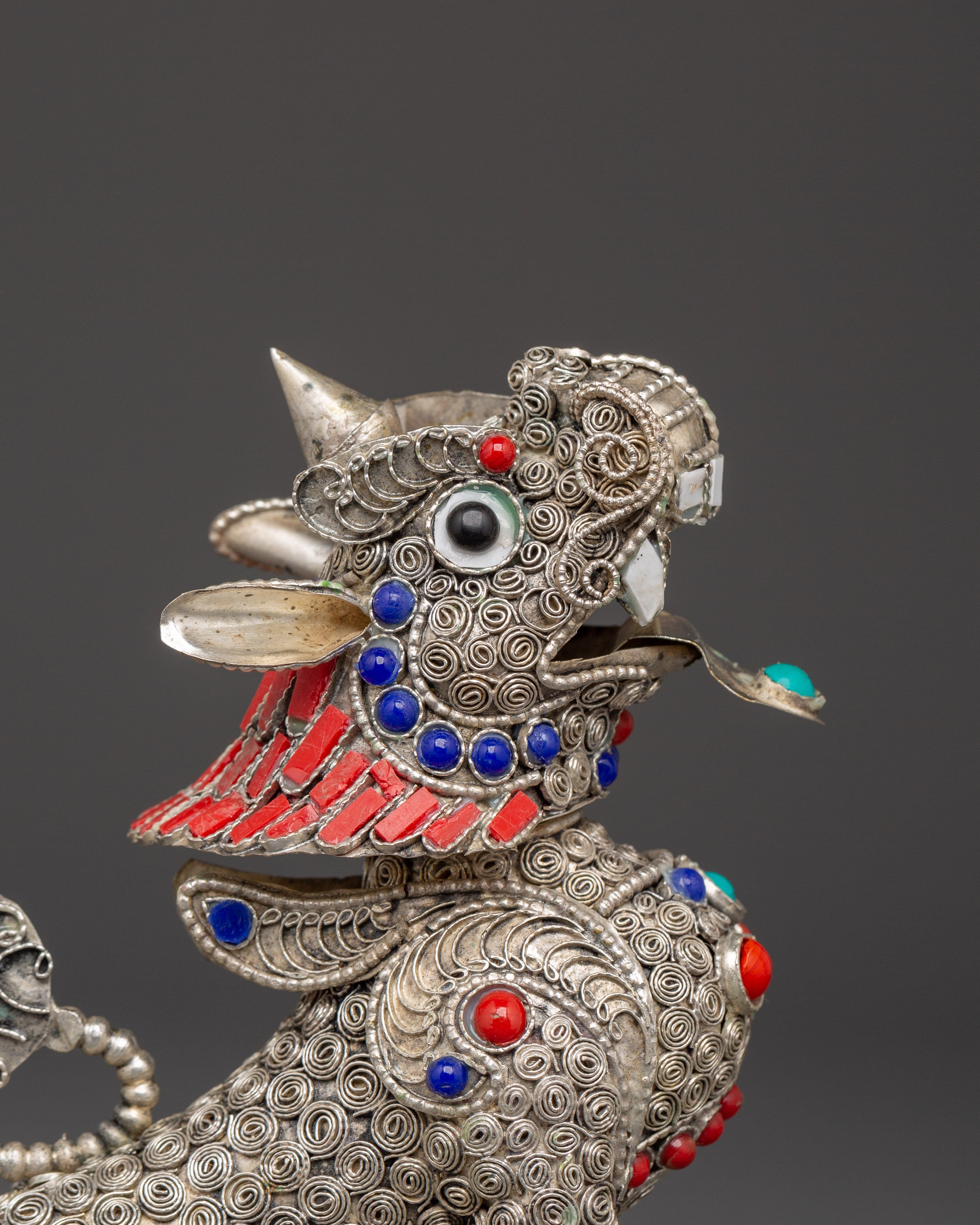 Tibetan Snow Lion Buddhist Protector Set | Silver-Plated White Metal Guardian Statues